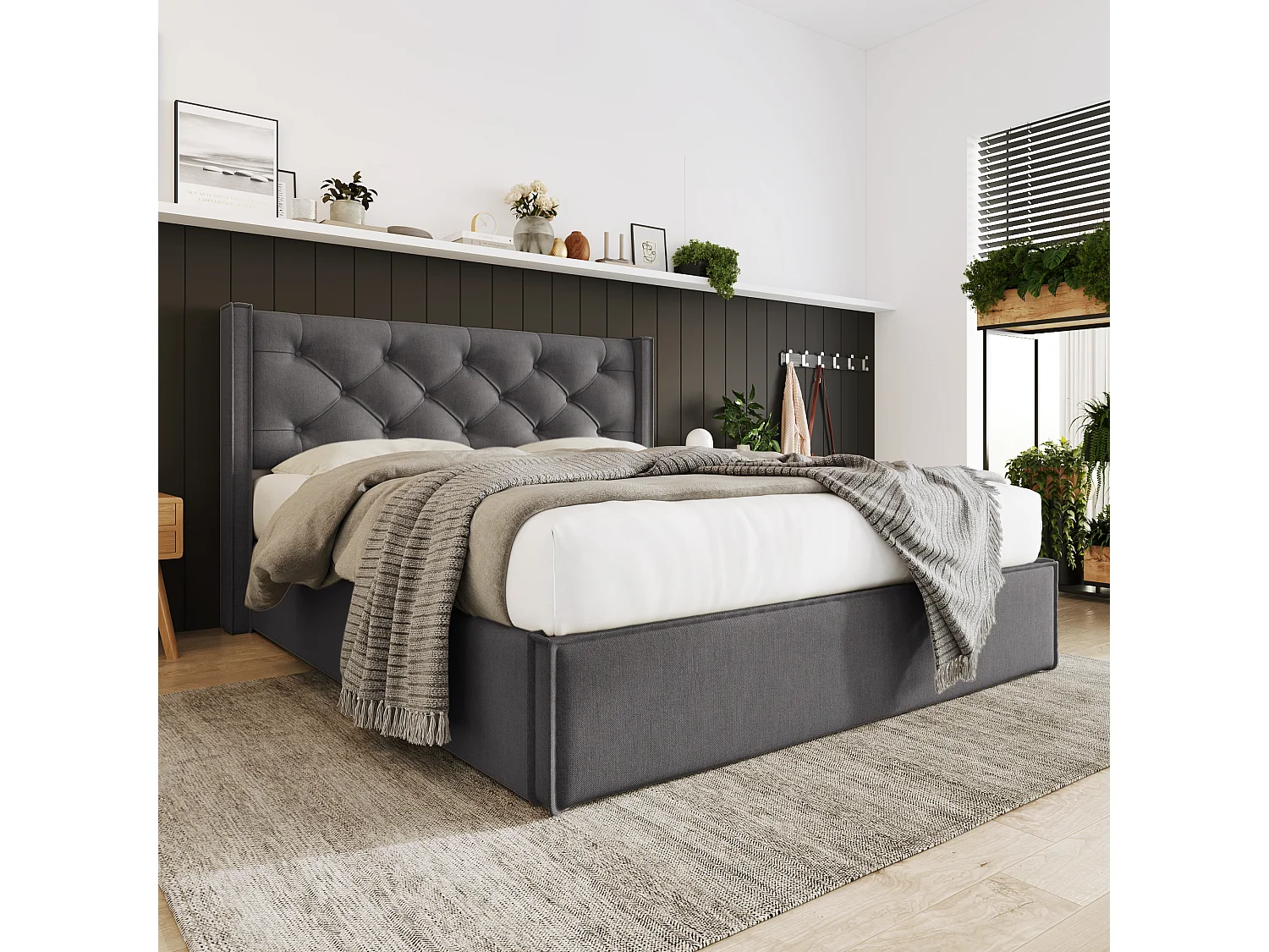 Lit coffre 140x200 cm rembourré en coton, sommier inclus, gris foncé