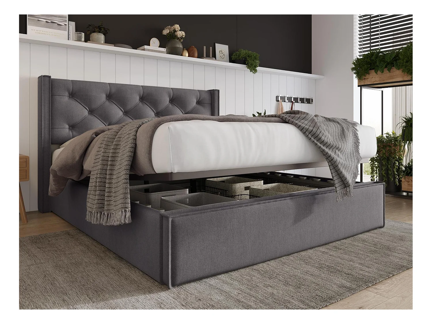 Lit coffre 140x200 cm rembourré en coton, sommier inclus, gris foncé