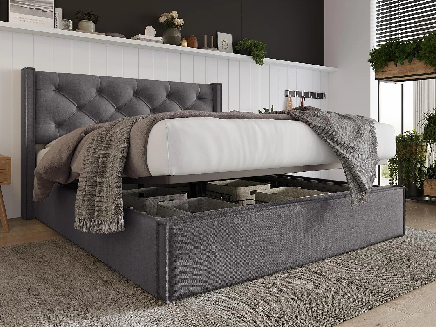 Bettkasten 140 x 200 cm, gepolstert mit Baumwolle, inklusive Boxspringbett, dunkelgrau