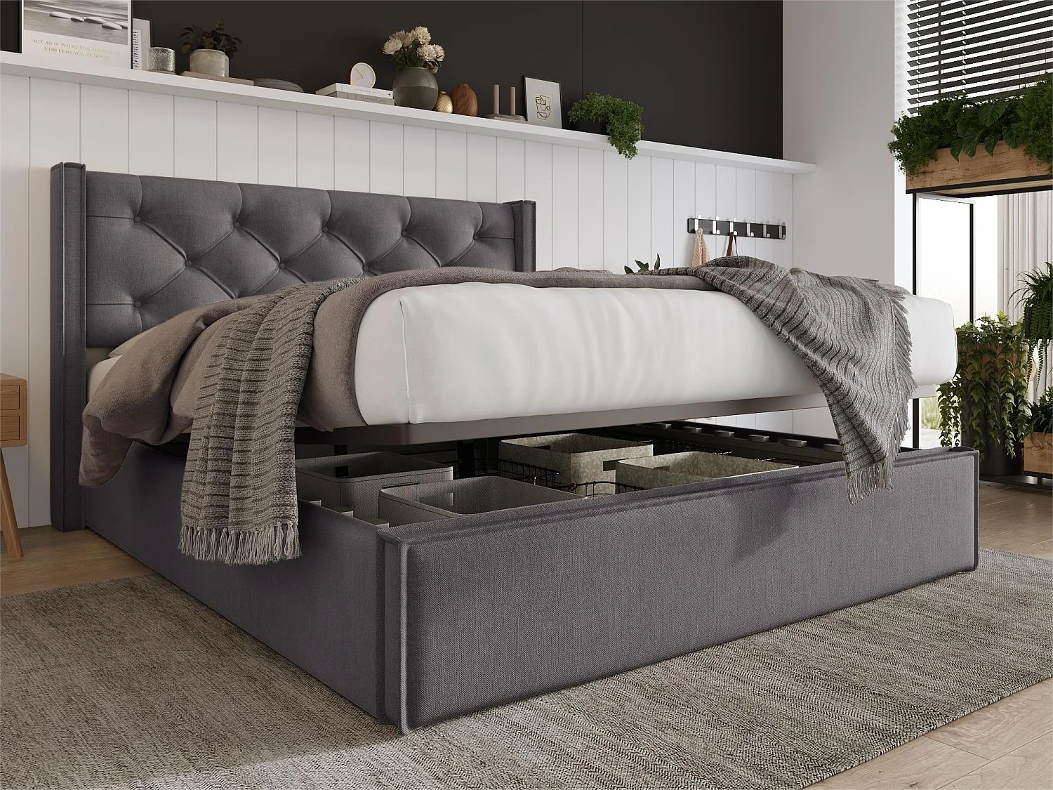 Lit coffre 140x200 cm rembourré en coton, sommier inclus, gris foncé