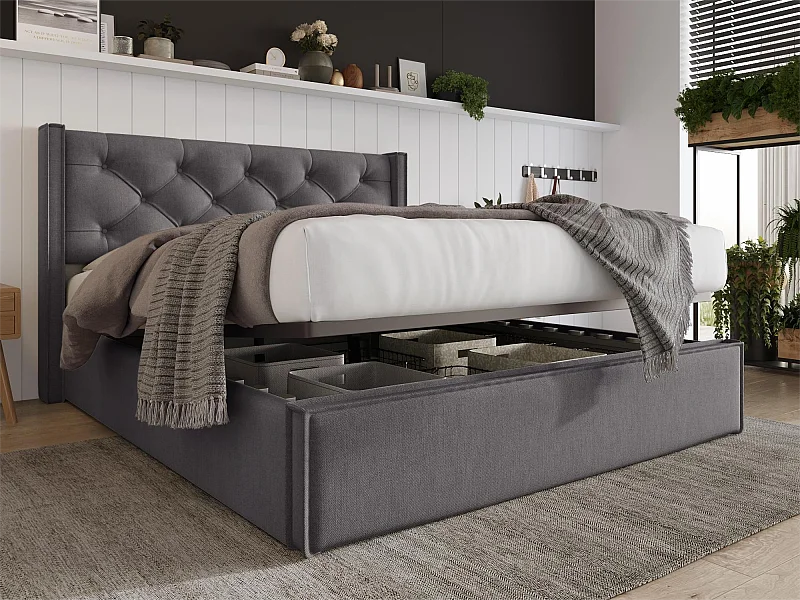 Lit coffre 140x200 cm rembourré en coton, sommier inclus, gris foncé