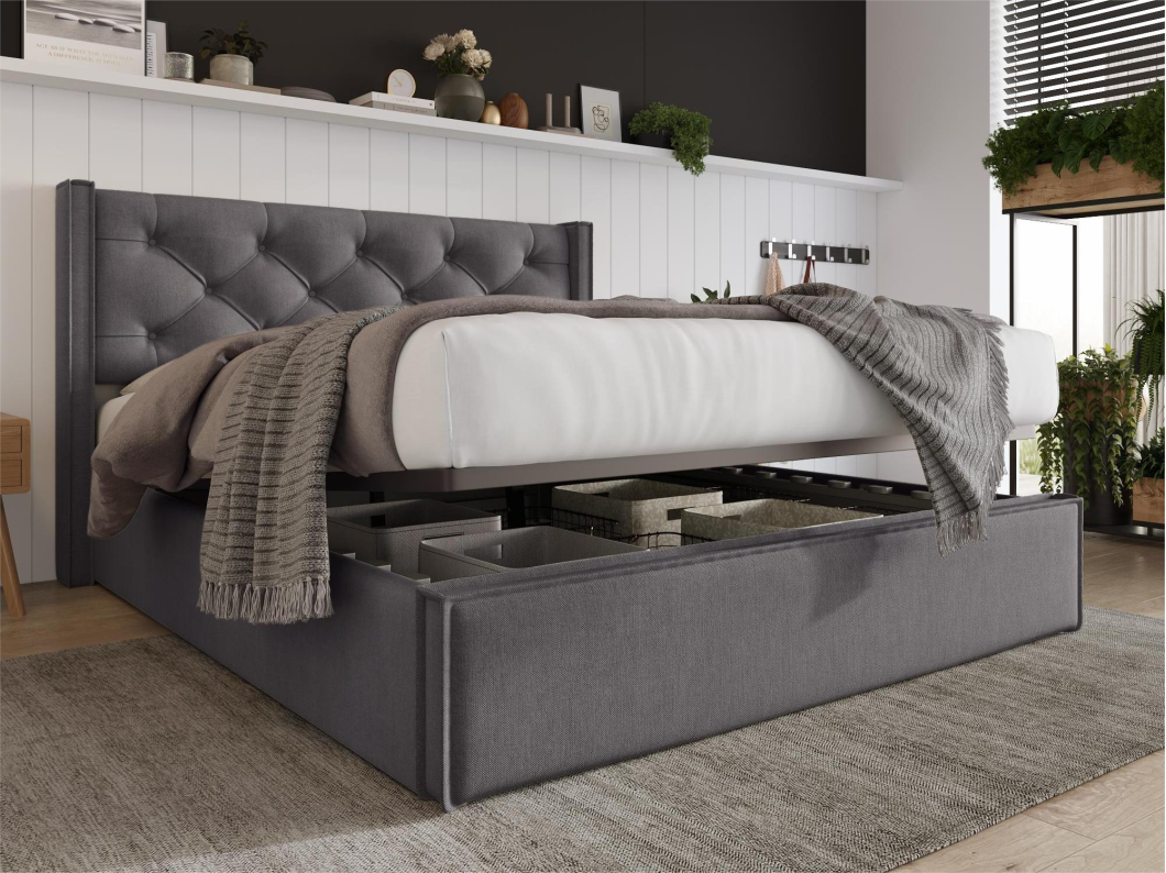 Opbergbed 140x200 cm gevoerd met katoen, inclusief boxspring, donkergrijs