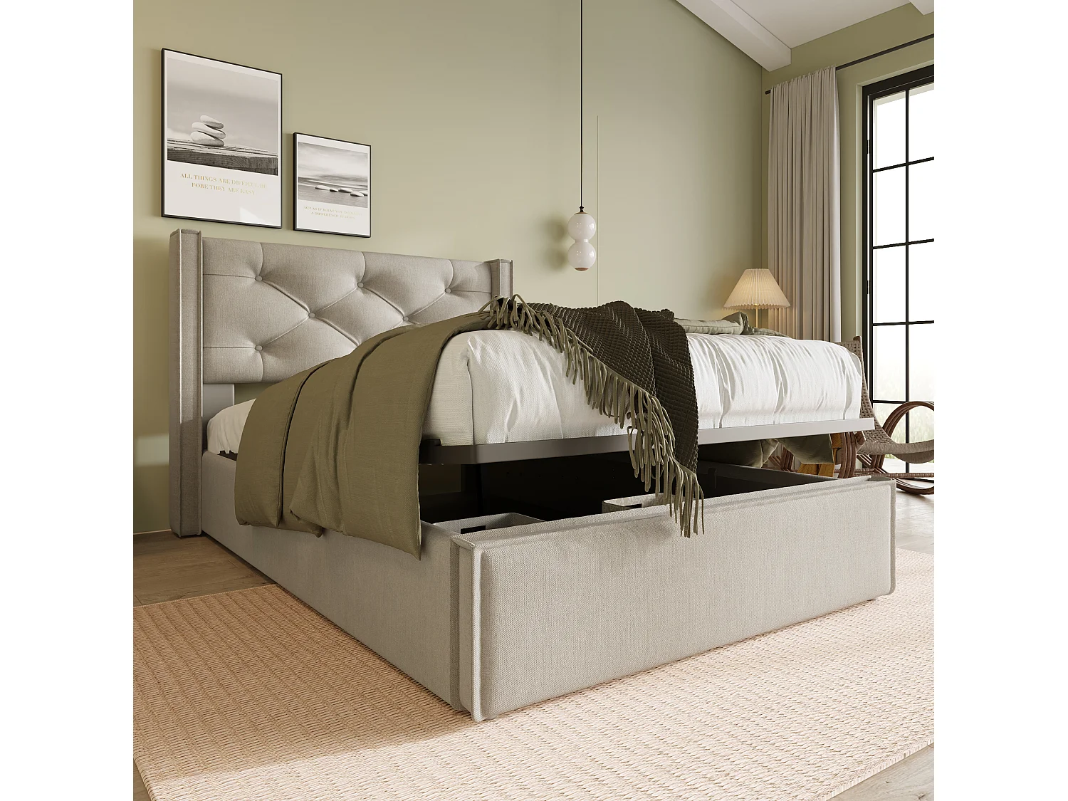 Opbergbed 90x200 cm gevoerd met katoen, inclusief boxspring, lichtgrijs