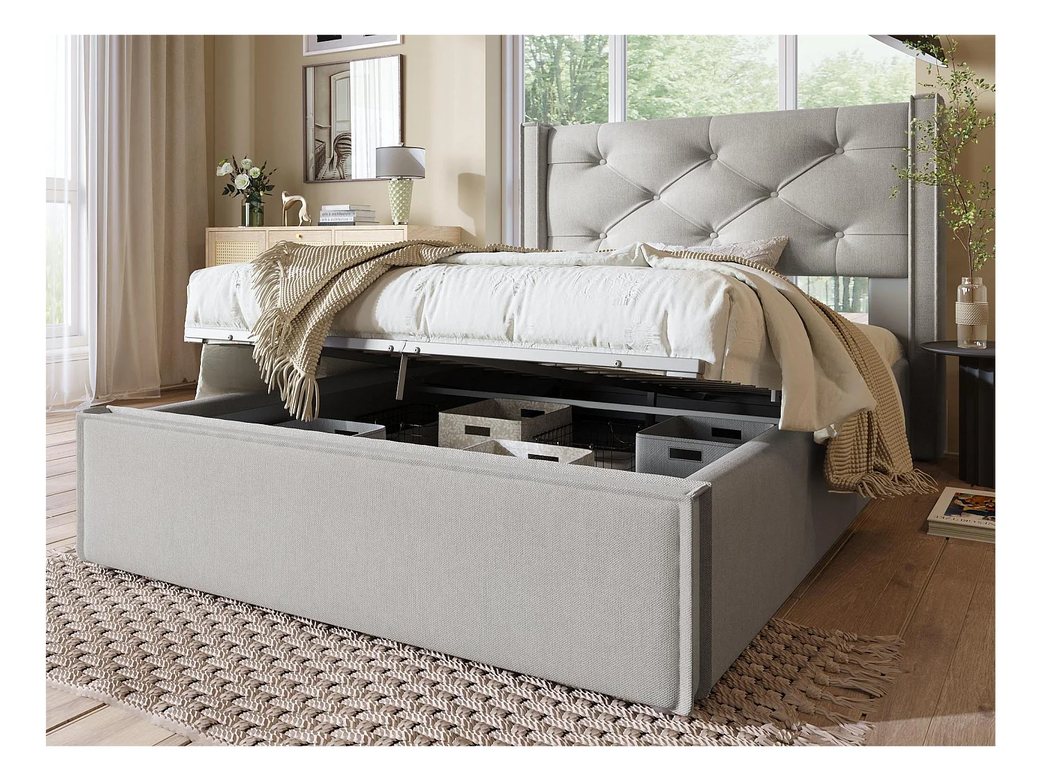 Lit coffre 90x200 cm rembourré en coton, sommier inclus, gris clair