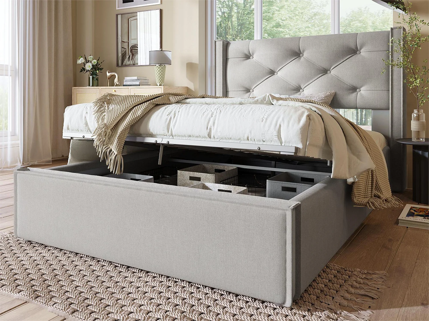 Lit coffre 90x200 cm rembourré en coton, sommier inclus, gris clair