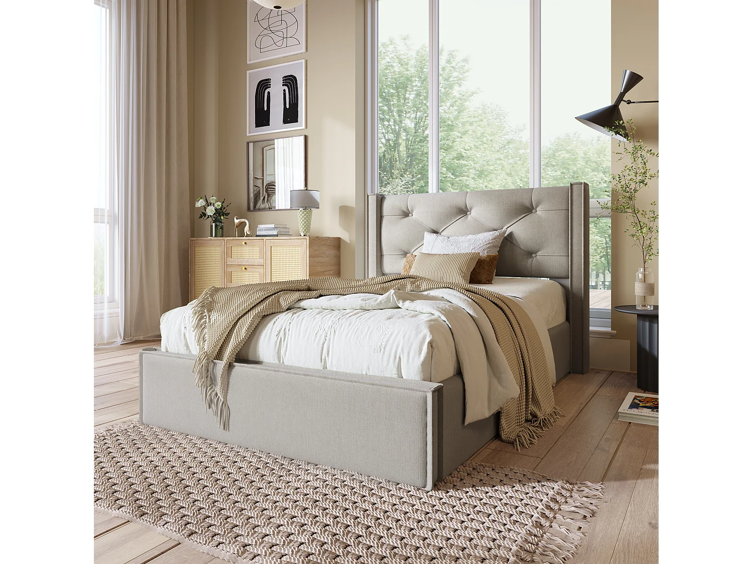 Lit coffre 90x200 cm rembourré en coton, sommier inclus, gris clair