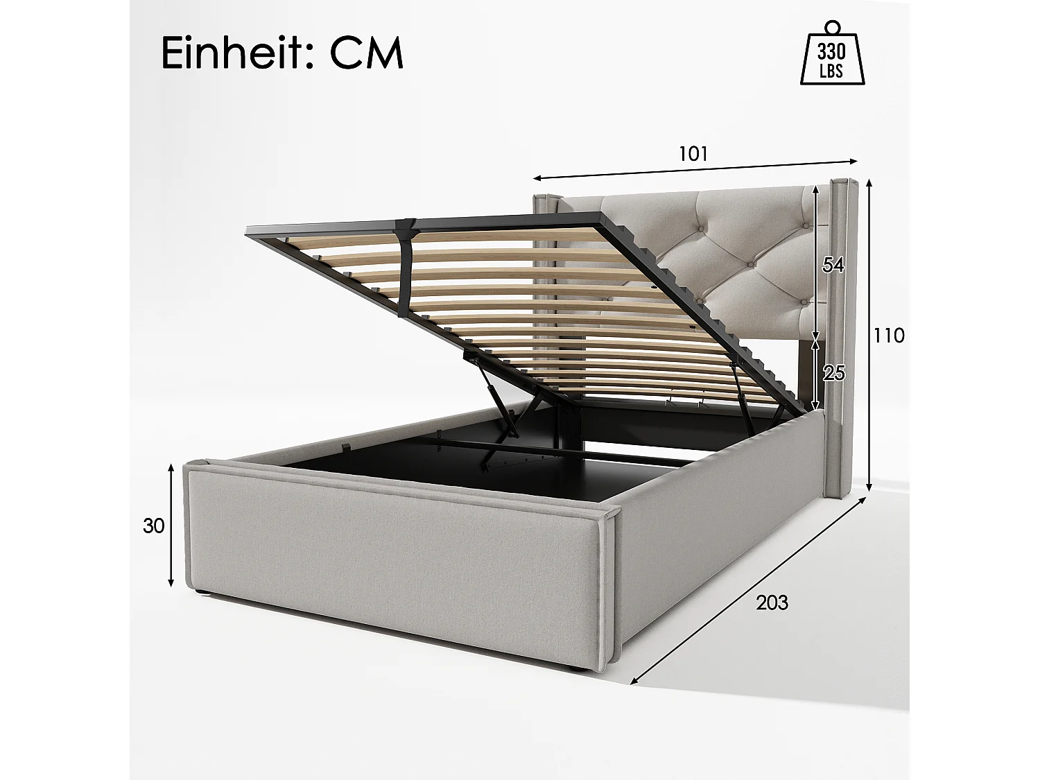 Lit coffre 90x200 cm rembourré en coton, sommier inclus, gris clair