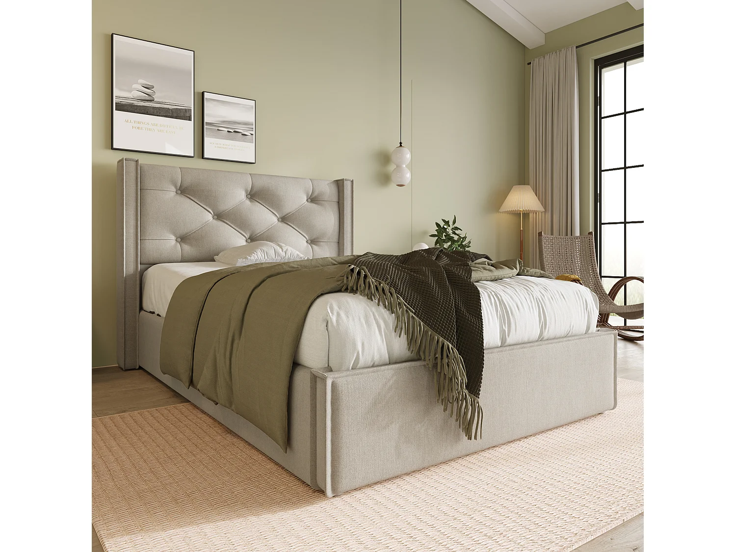 Lit coffre 90x200 cm rembourré en coton, sommier inclus, gris clair