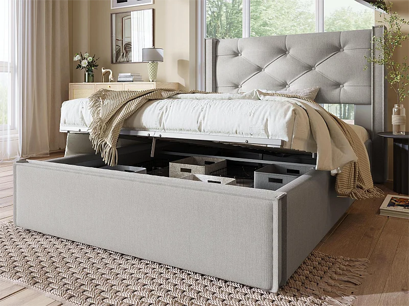 Bettkasten 90 x 200 cm, gepolstert mit Baumwolle, inklusive Boxspringbett, hellgrau