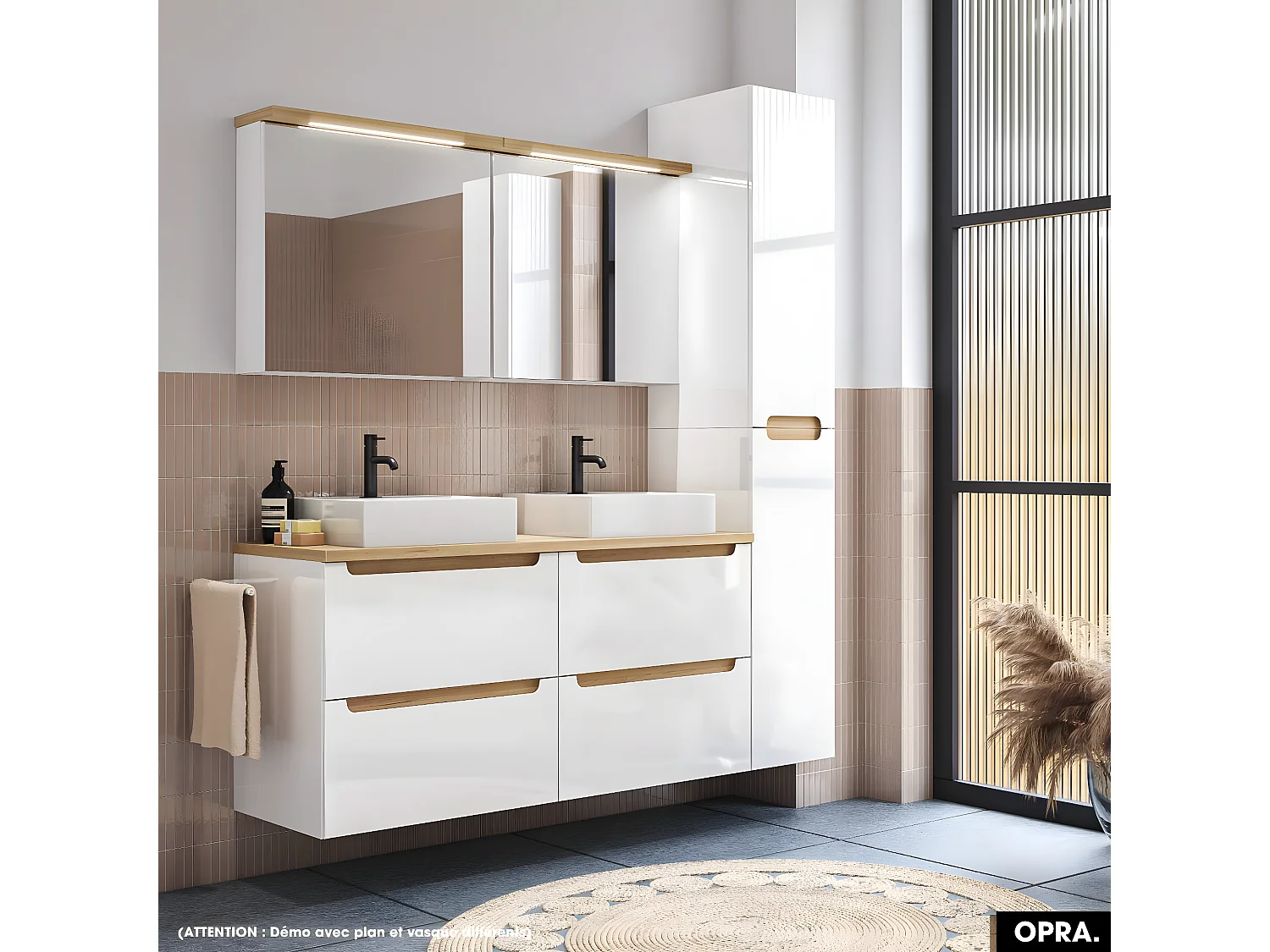 Ensemble meuble sous vasque avec plan et vasque à poser - Siphon OFFERT | OPRA | Blanc | 80 × 60 × 45 cm