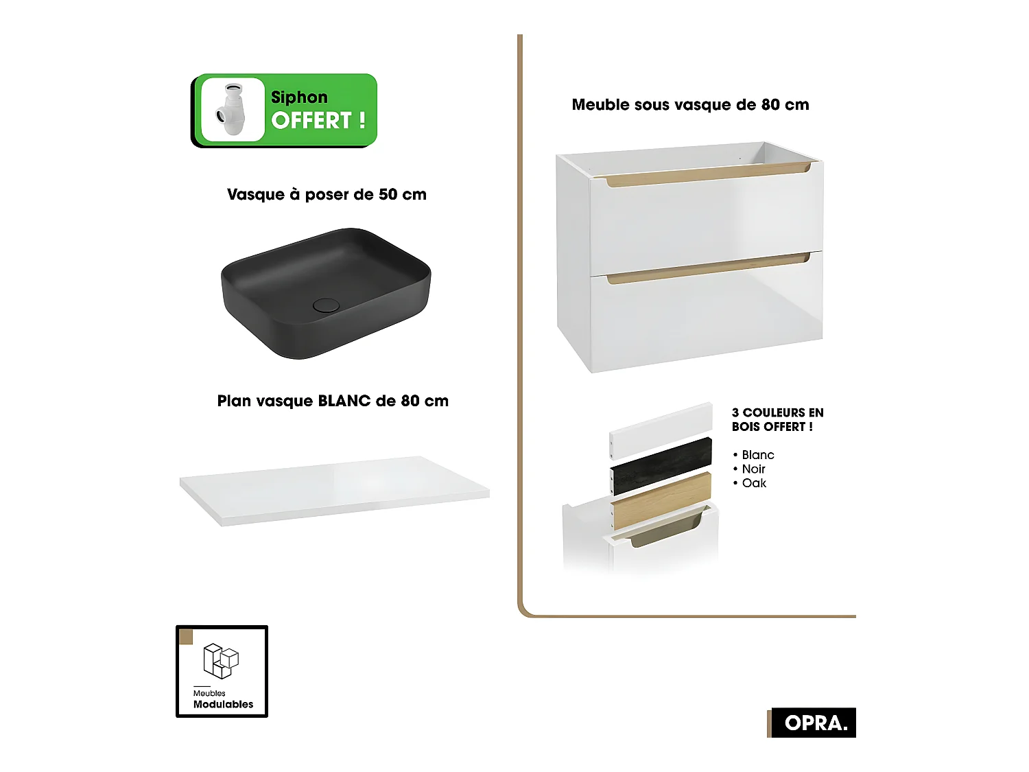 Ensemble meuble sous vasque avec plan et vasque à poser - Siphon OFFERT | OPRA | Blanc | 80 × 60 × 45 cm