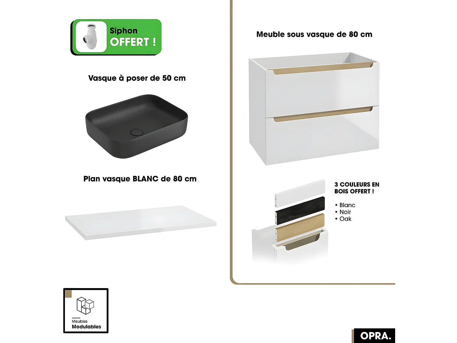 Ensemble meuble sous vasque avec plan et vasque à poser - Siphon OFFERT | OPRA | Blanc | 80 × 60 × 45 cm