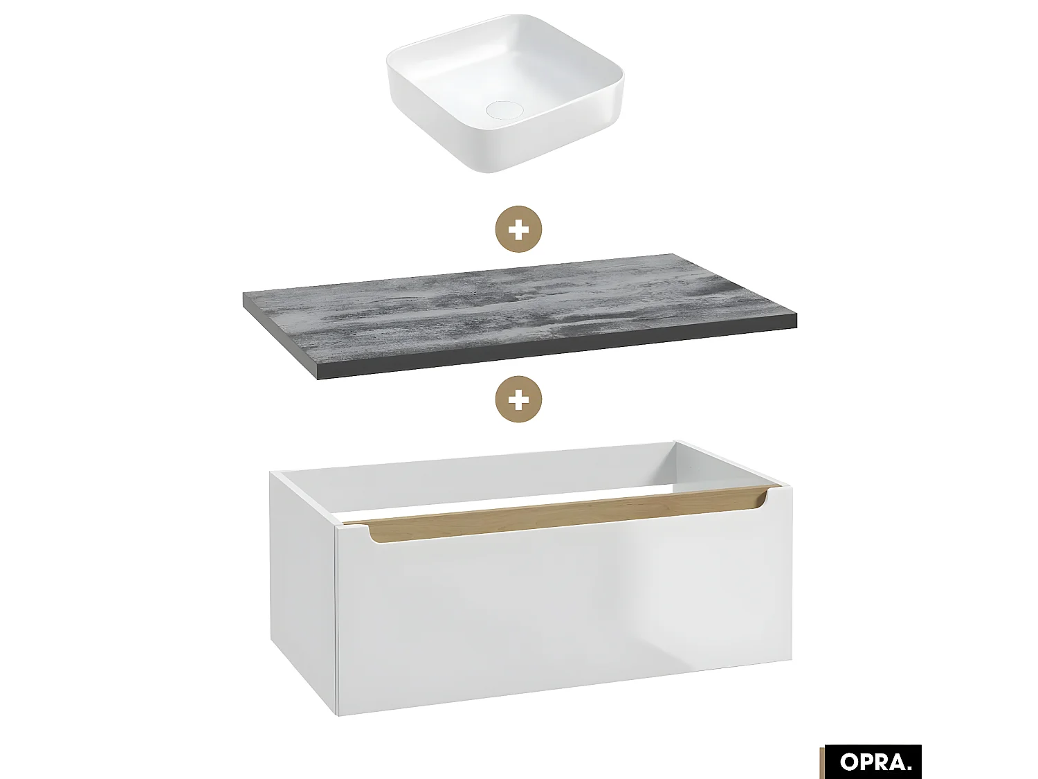 Ensemble meuble sous vasque avec plan et vasque à poser - Siphon OFFERT | OPRA | Blanc-Noir | 80 × 30 × 45 cm