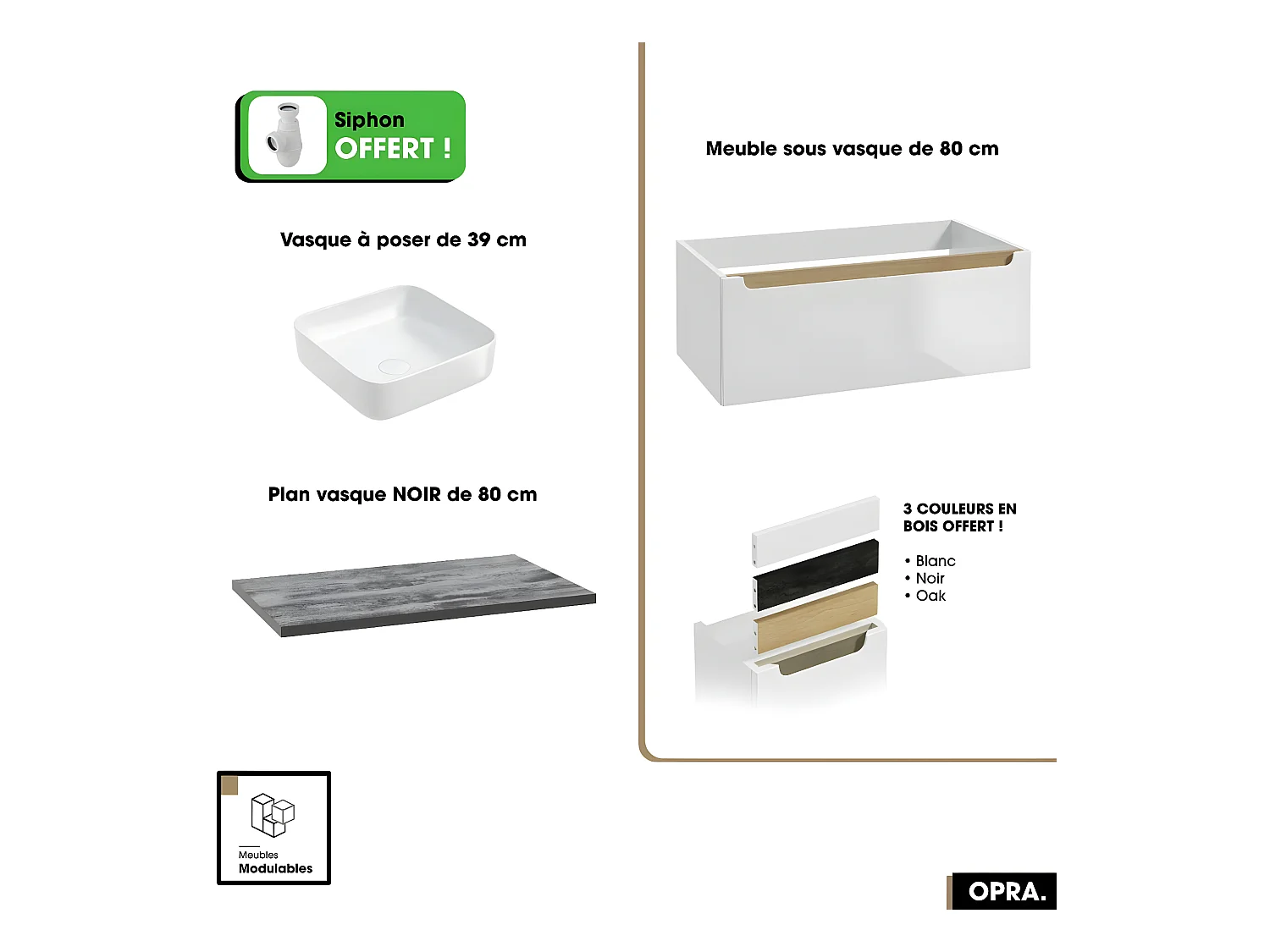 Ensemble meuble sous vasque avec plan et vasque à poser - Siphon OFFERT | OPRA | Blanc-Noir | 80 × 30 × 45 cm