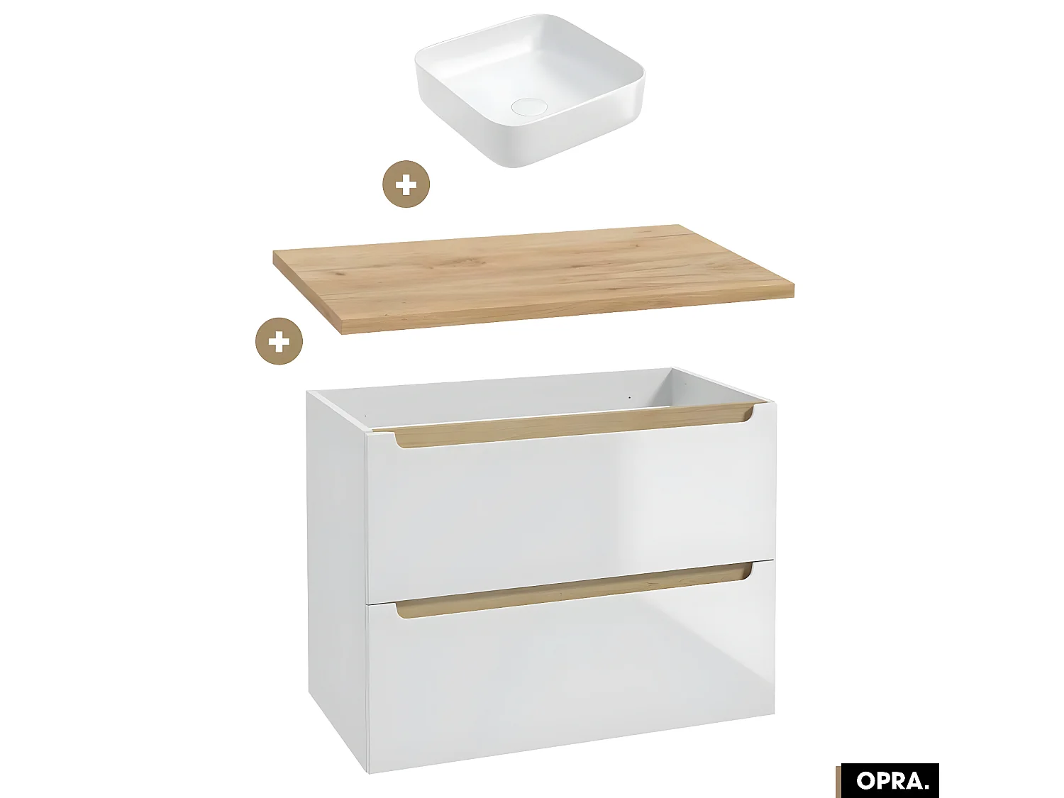 Ensemble meuble sous vasque avec plan et vasque à poser - Siphon OFFERT | OPRA | Blanc-Oak | 80 × 60 × 45 cm