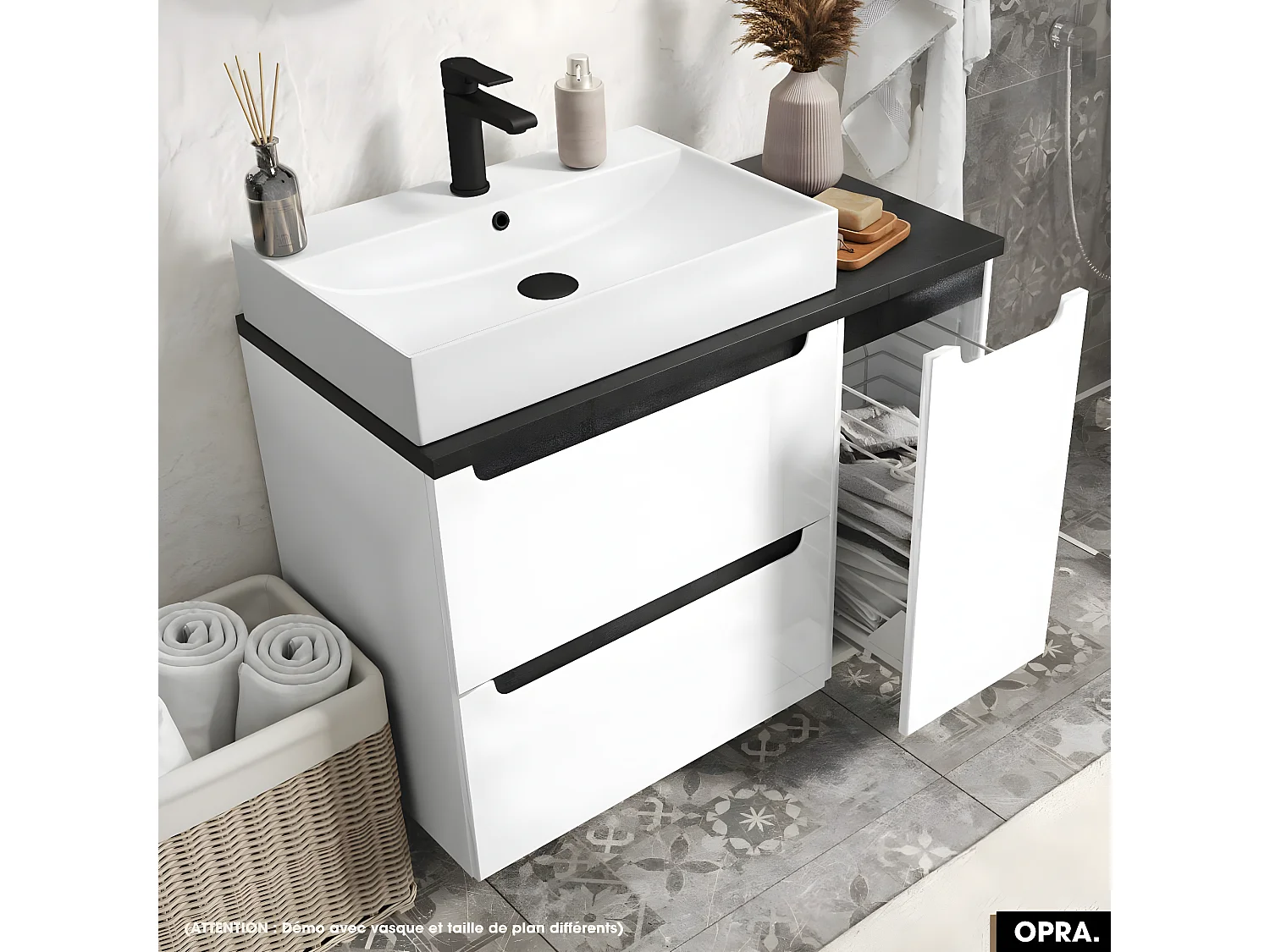 Ensemble meuble sous vasque avec plan et vasque à poser - Siphon OFFERT | OPRA | Blanc-Noir | 60 × 60 × 45 cm