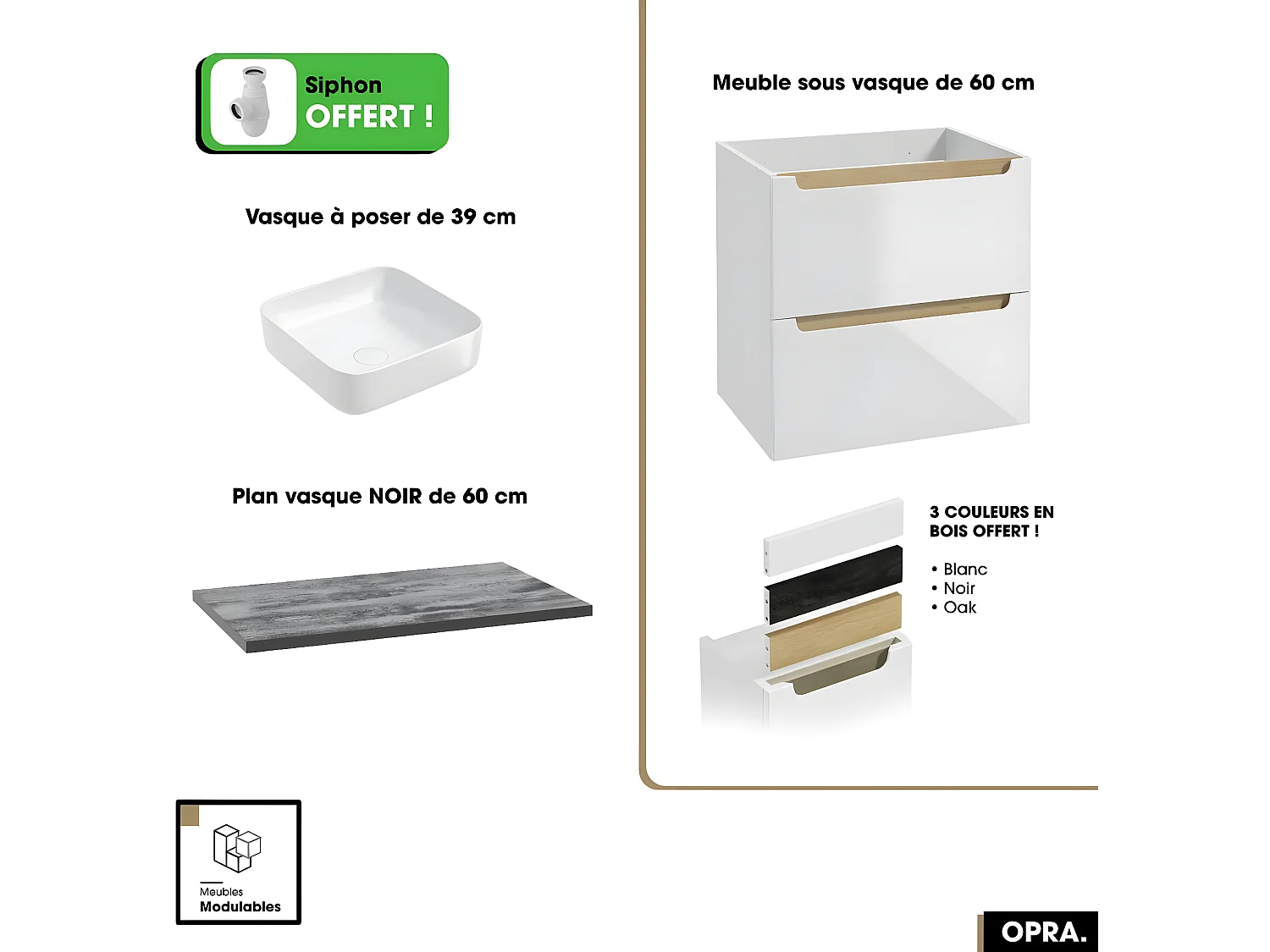 Ensemble meuble sous vasque avec plan et vasque à poser - Siphon OFFERT | OPRA | Blanc-Noir | 60 × 60 × 45 cm