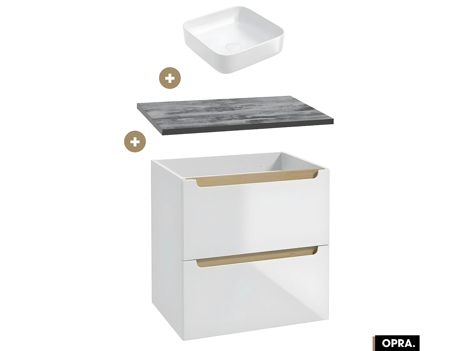 Ensemble meuble sous vasque avec plan et vasque à poser - Siphon OFFERT | OPRA | Blanc-Noir | 60 × 60 × 45 cm