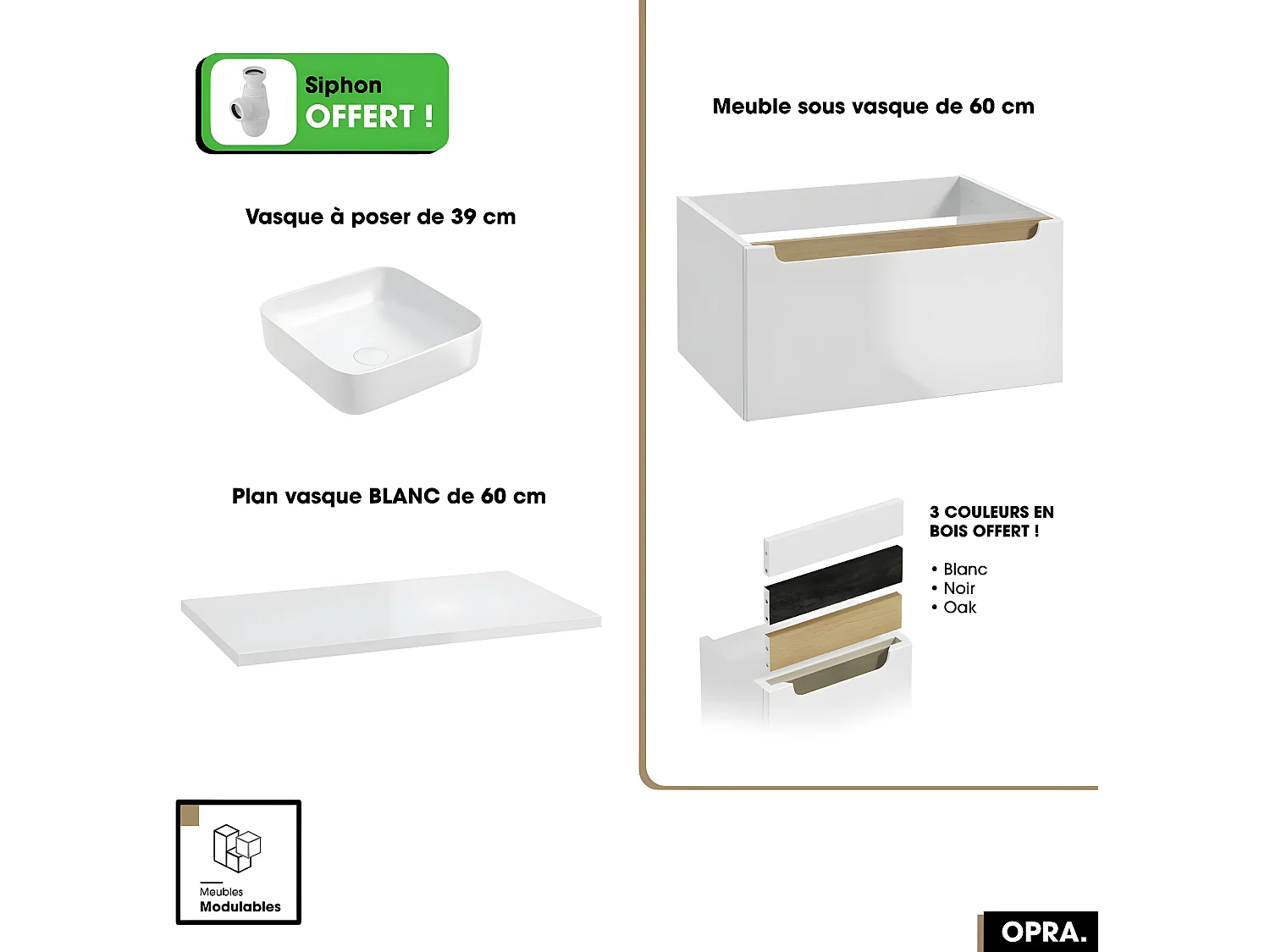 Ensemble meuble sous vasque avec plan et vasque à poser - Siphon OFFERT | OPRA | Blanc | 60 × 30 × 45 cm