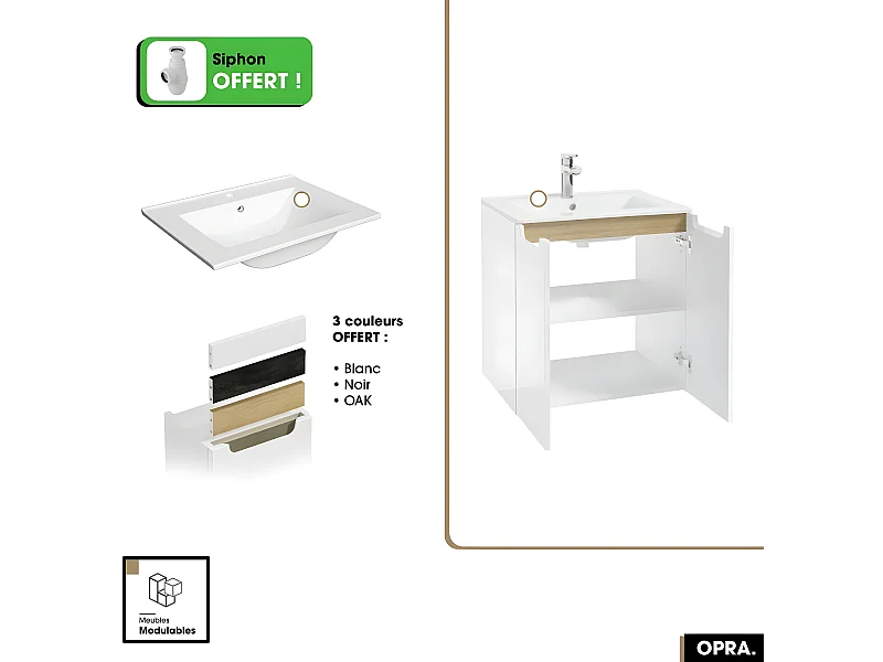 Ensemble meuble sous vasque avec vasque - Siphon OFFERT | PURE | Blanc | 60 x 60 x 45 cm
