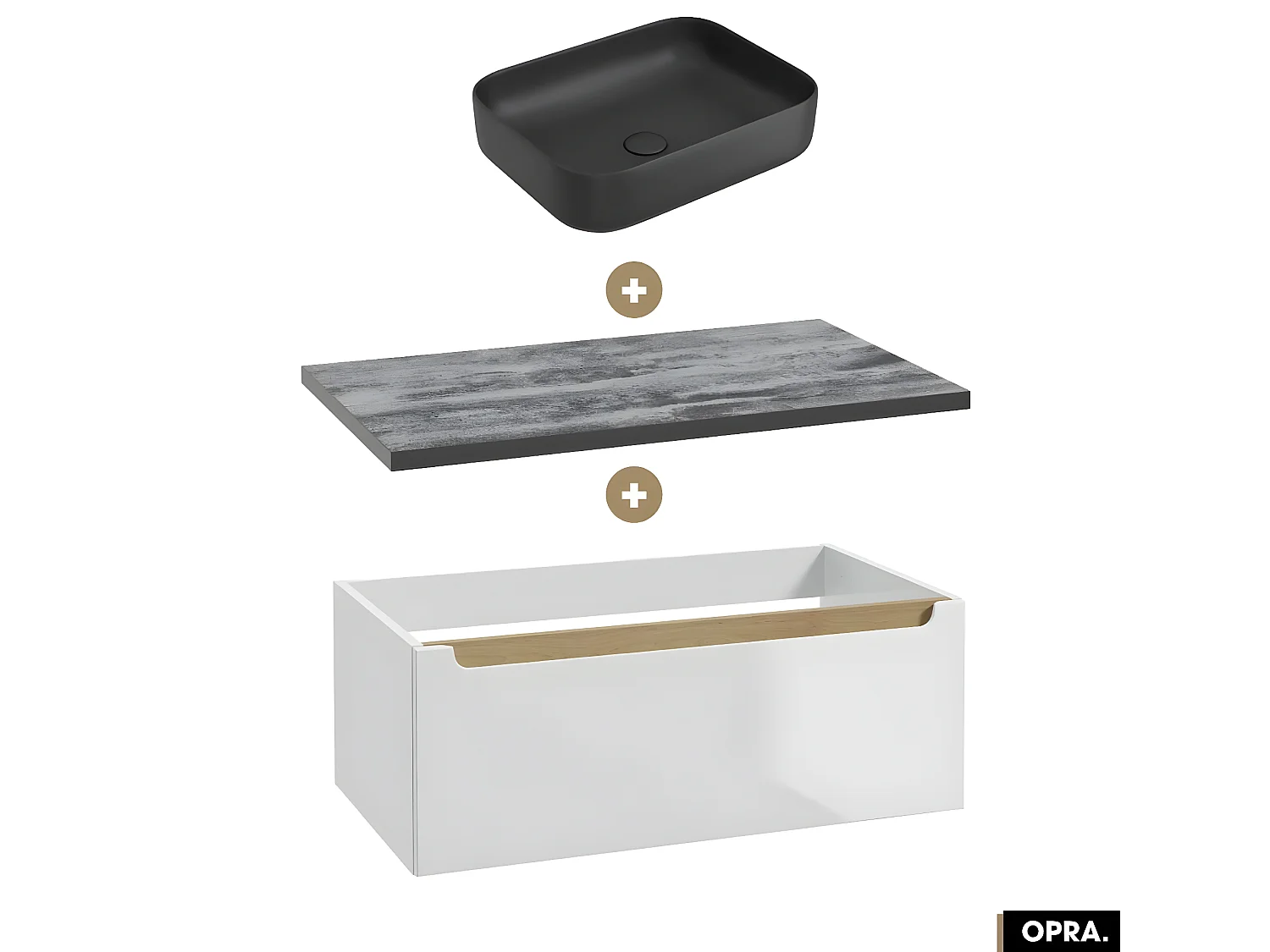 Ensemble meuble sous vasque avec plan et vasque à poser - Siphon OFFERT | OPRA | Blanc-Noir | 80 × 30 × 45 cm