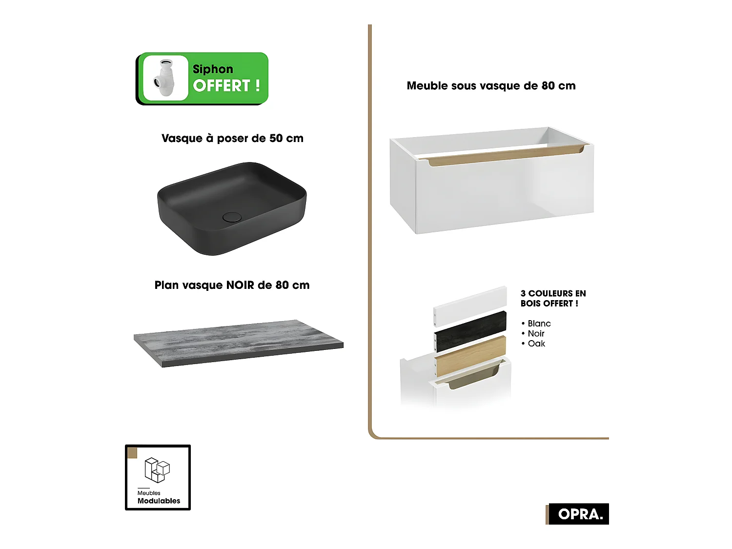 Ensemble meuble sous vasque avec plan et vasque à poser - Siphon OFFERT | OPRA | Blanc-Noir | 80 × 30 × 45 cm