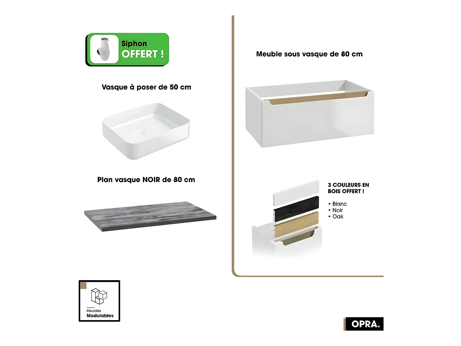 Ensemble meuble sous vasque avec plan et vasque à poser - Siphon OFFERT | OPRA | Blanc-Noir | 80 × 30 × 45 cm