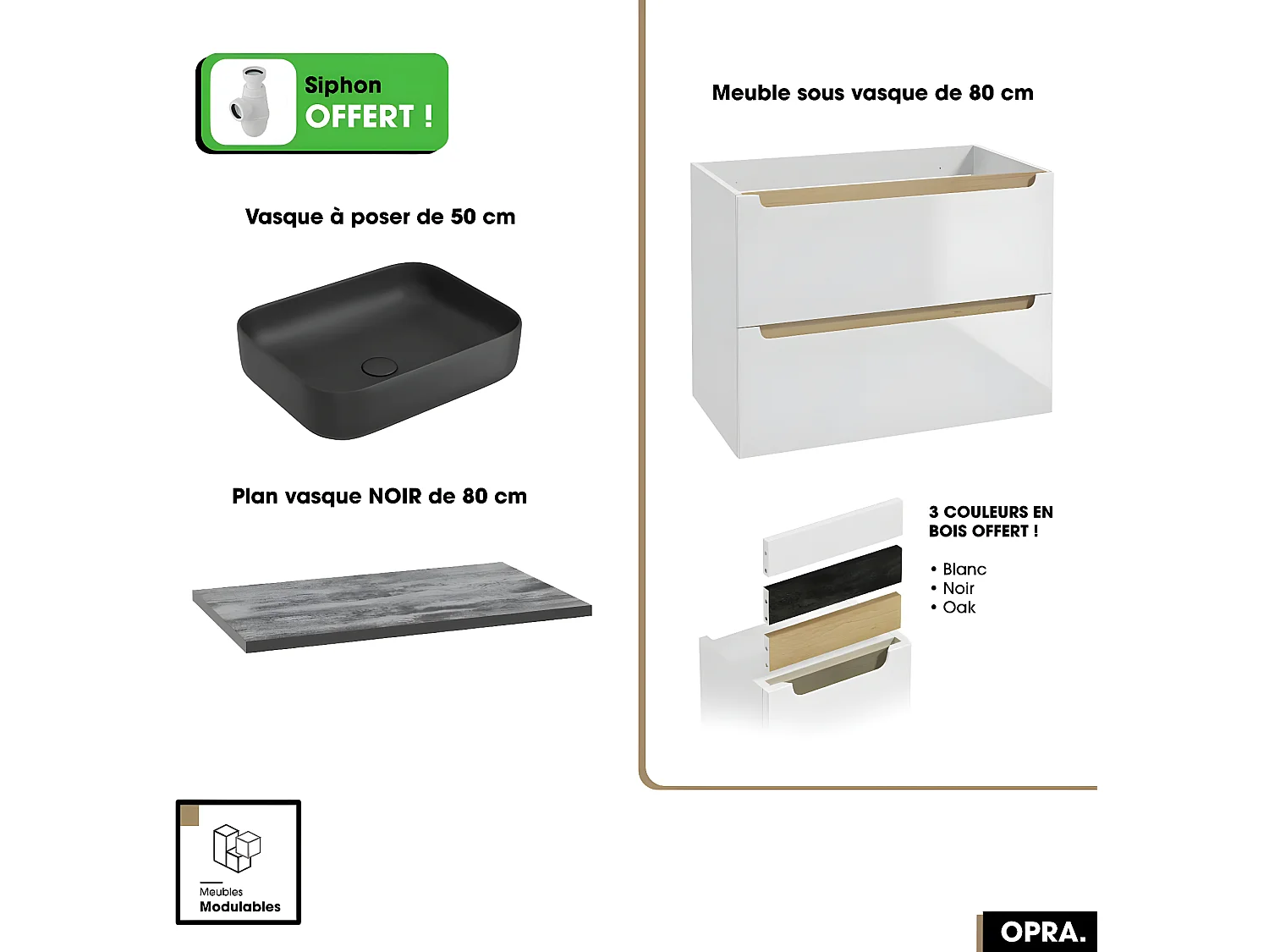 Ensemble meuble sous vasque avec plan et vasque à poser - Siphon OFFERT | OPRA | Blanc-Noir | 80 × 60 × 45 cm