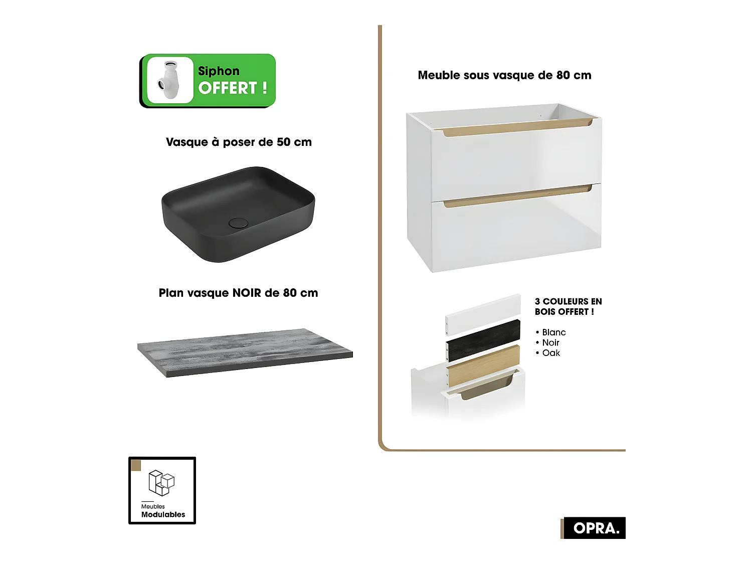 Ensemble meuble sous vasque avec plan et vasque à poser - Siphon OFFERT | OPRA | Blanc-Noir | 80 × 60 × 45 cm