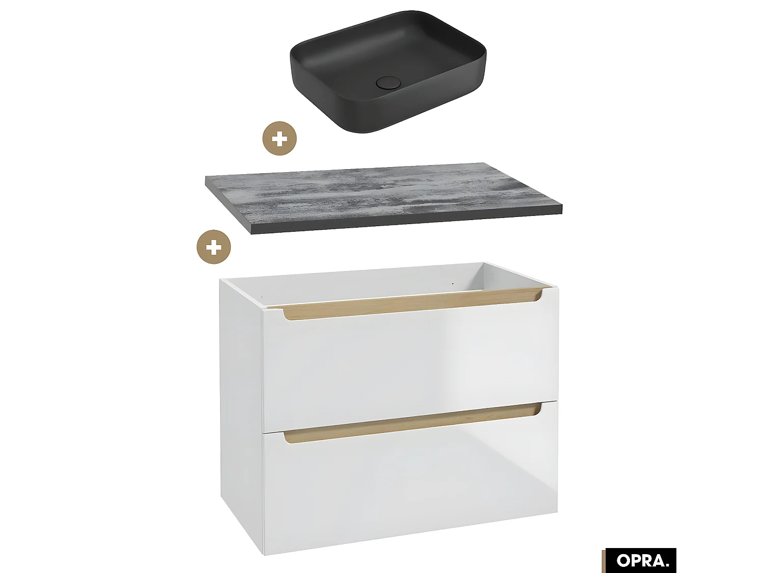 Ensemble meuble sous vasque avec plan et vasque à poser - Siphon OFFERT | OPRA | Blanc-Noir | 80 × 60 × 45 cm