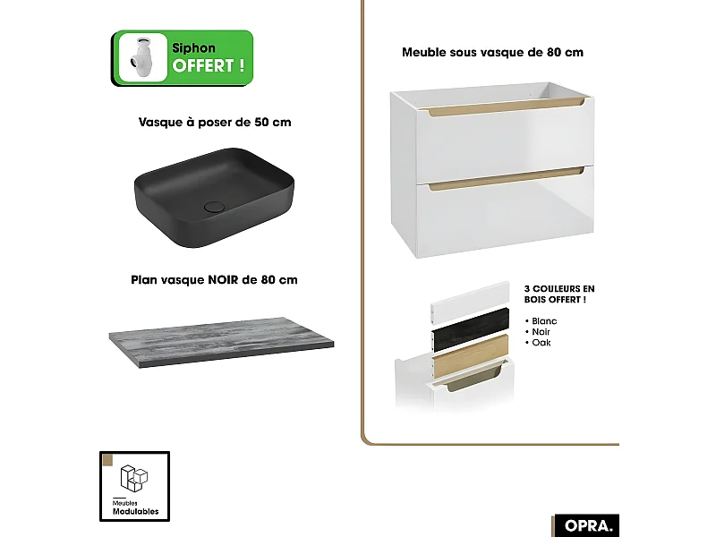 Ensemble meuble sous vasque avec plan et vasque à poser - Siphon OFFERT | OPRA | Blanc-Noir | 80 × 60 × 45 cm