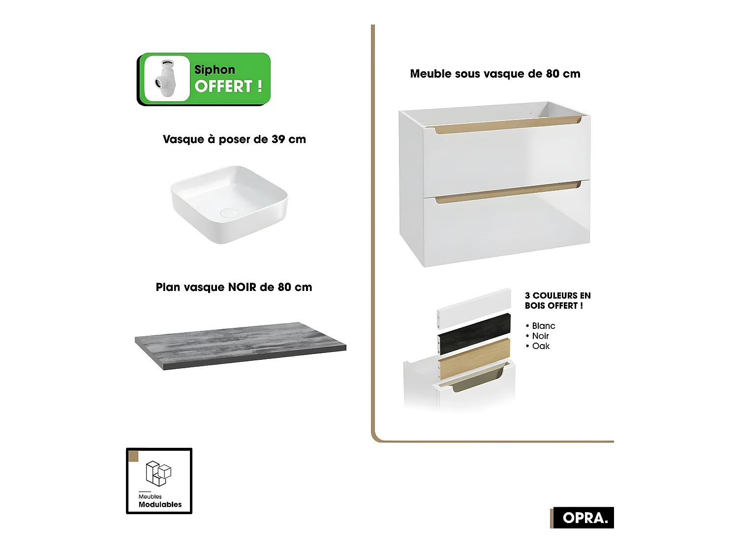 Ensemble meuble sous vasque avec plan et vasque à poser - Siphon OFFERT | OPRA | Blanc-Noir | 80 × 60 × 45 cm
