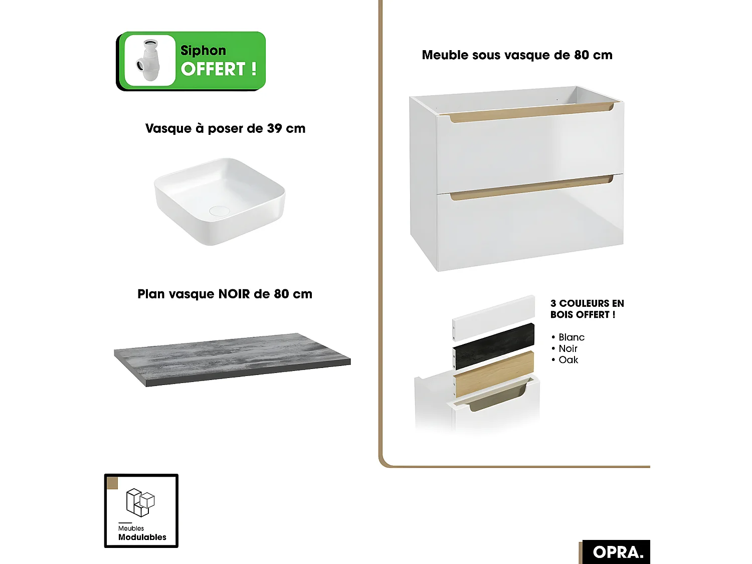 Ensemble meuble sous vasque avec plan et vasque à poser - Siphon OFFERT | OPRA | Blanc-Noir | 80 × 60 × 45 cm