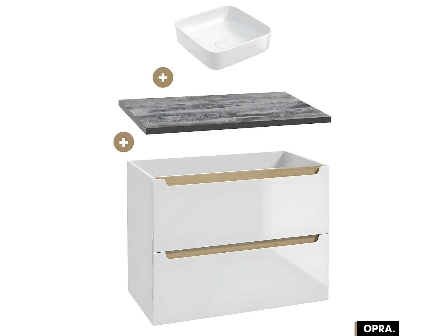 Ensemble meuble sous vasque avec plan et vasque à poser - Siphon OFFERT | OPRA | Blanc-Noir | 80 × 60 × 45 cm