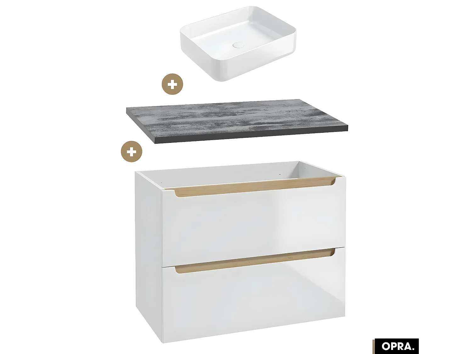 Ensemble meuble sous vasque avec plan et vasque à poser - Siphon OFFERT | OPRA | Blanc-Noir | 80 × 60 × 45 cm