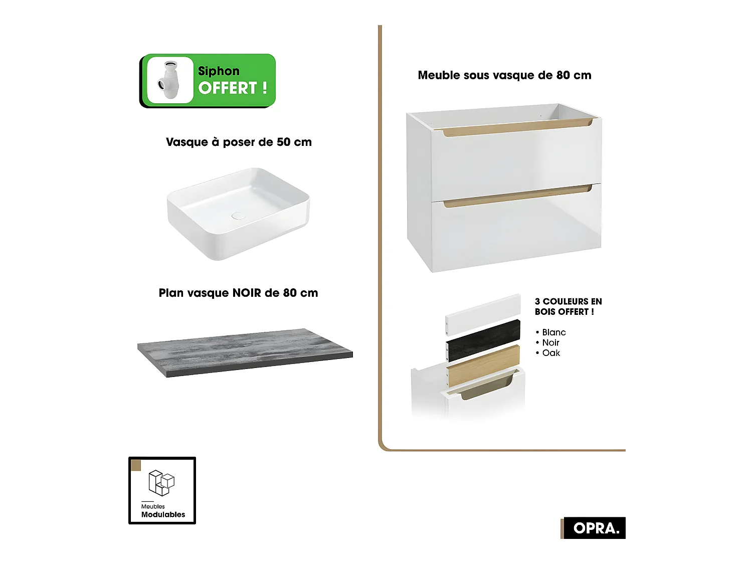 Ensemble meuble sous vasque avec plan et vasque à poser - Siphon OFFERT | OPRA | Blanc-Noir | 80 × 60 × 45 cm