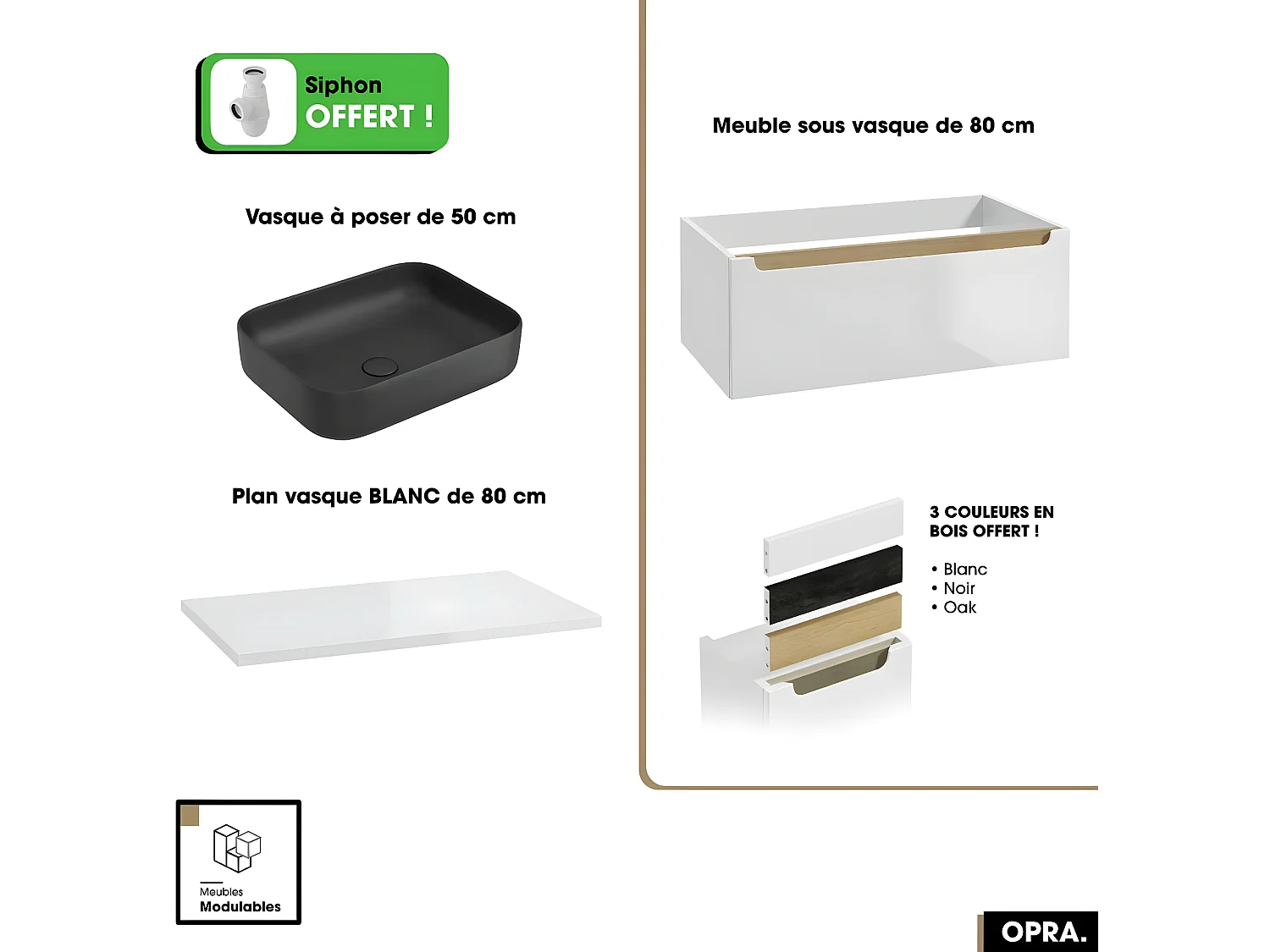 Ensemble meuble sous vasque avec plan et vasque à poser - Siphon OFFERT | OPRA | Blanc | 80 × 30 × 45 cm
