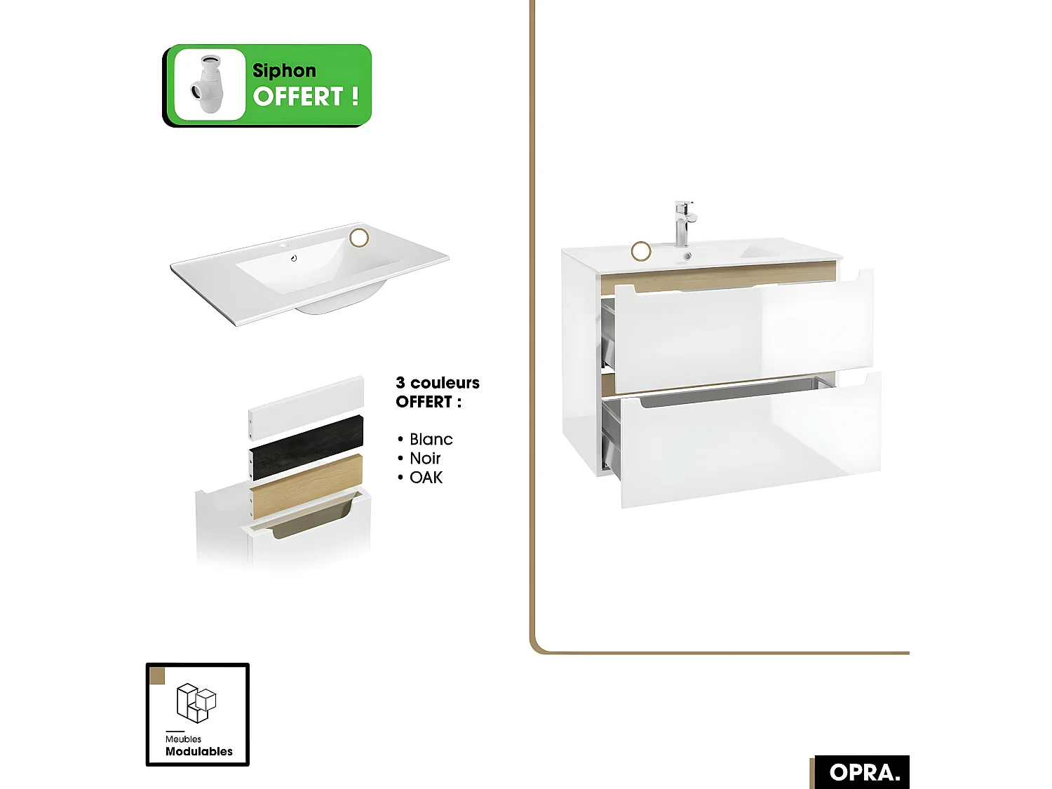 Ensemble meuble sous vasque avec vasque - Siphon OFFERT | PURE | Blanc | 80 x 60 x 45 cm