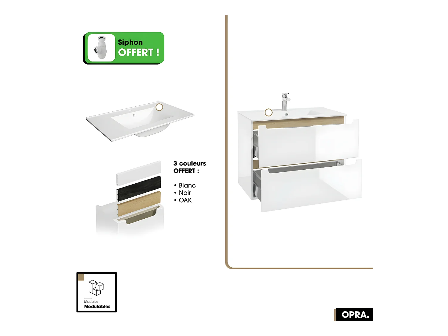 Ensemble meuble sous vasque avec vasque - Siphon OFFERT | PURE | Blanc | 80 x 60 x 45 cm