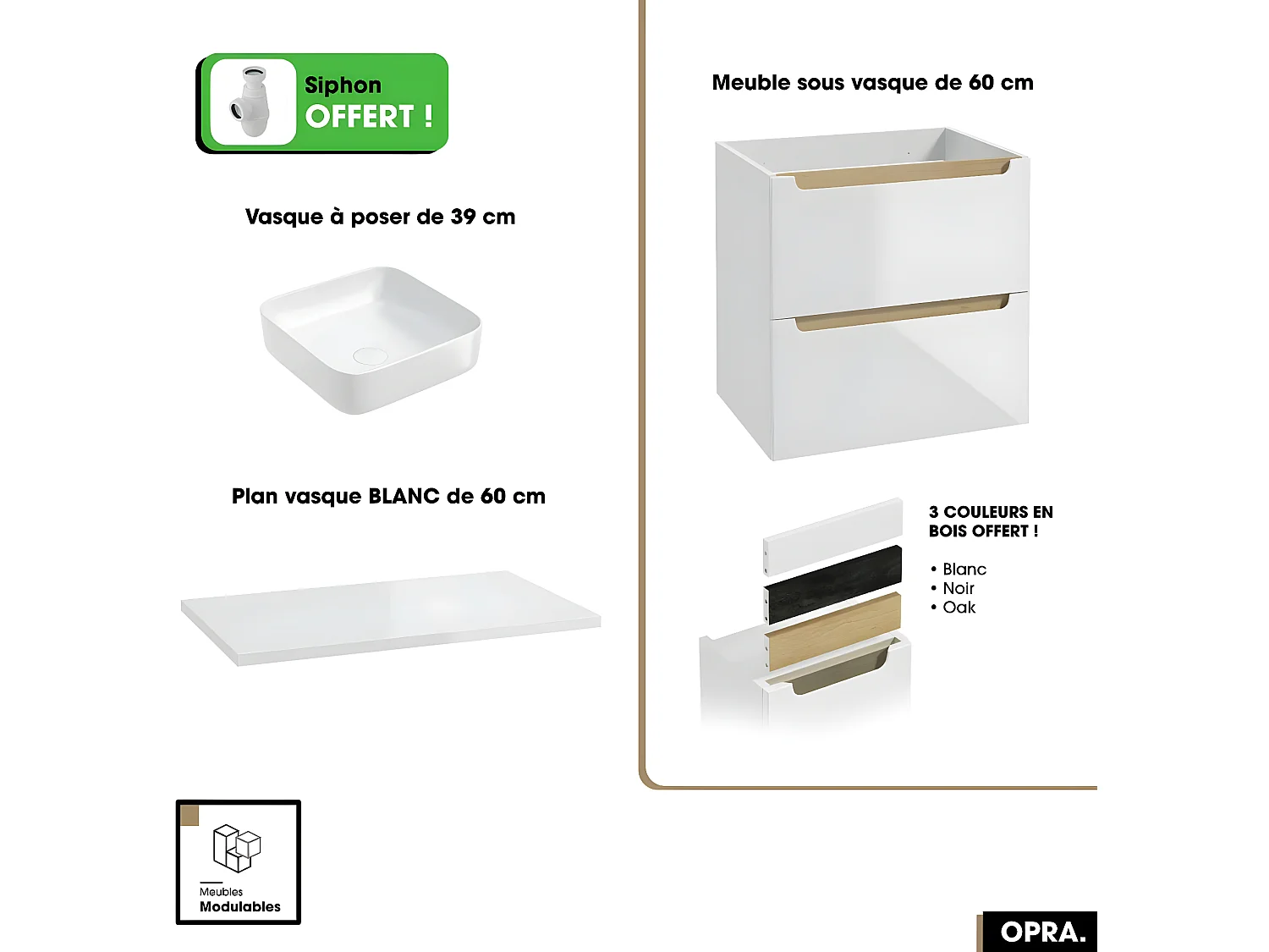 Ensemble meuble sous vasque avec plan et vasque à poser - Siphon OFFERT | OPRA | Blanc | 60 × 60 × 45 cm