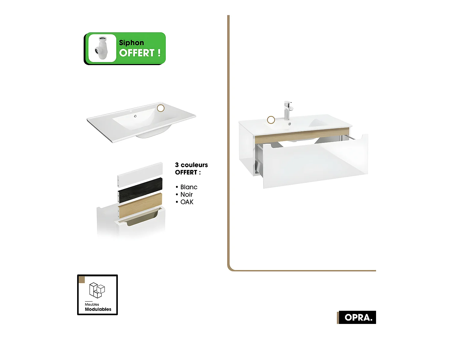 Ensemble meuble sous vasque avec vasque - Siphon OFFERT | PURE | Blanc | 80 x 30 x 45 cm