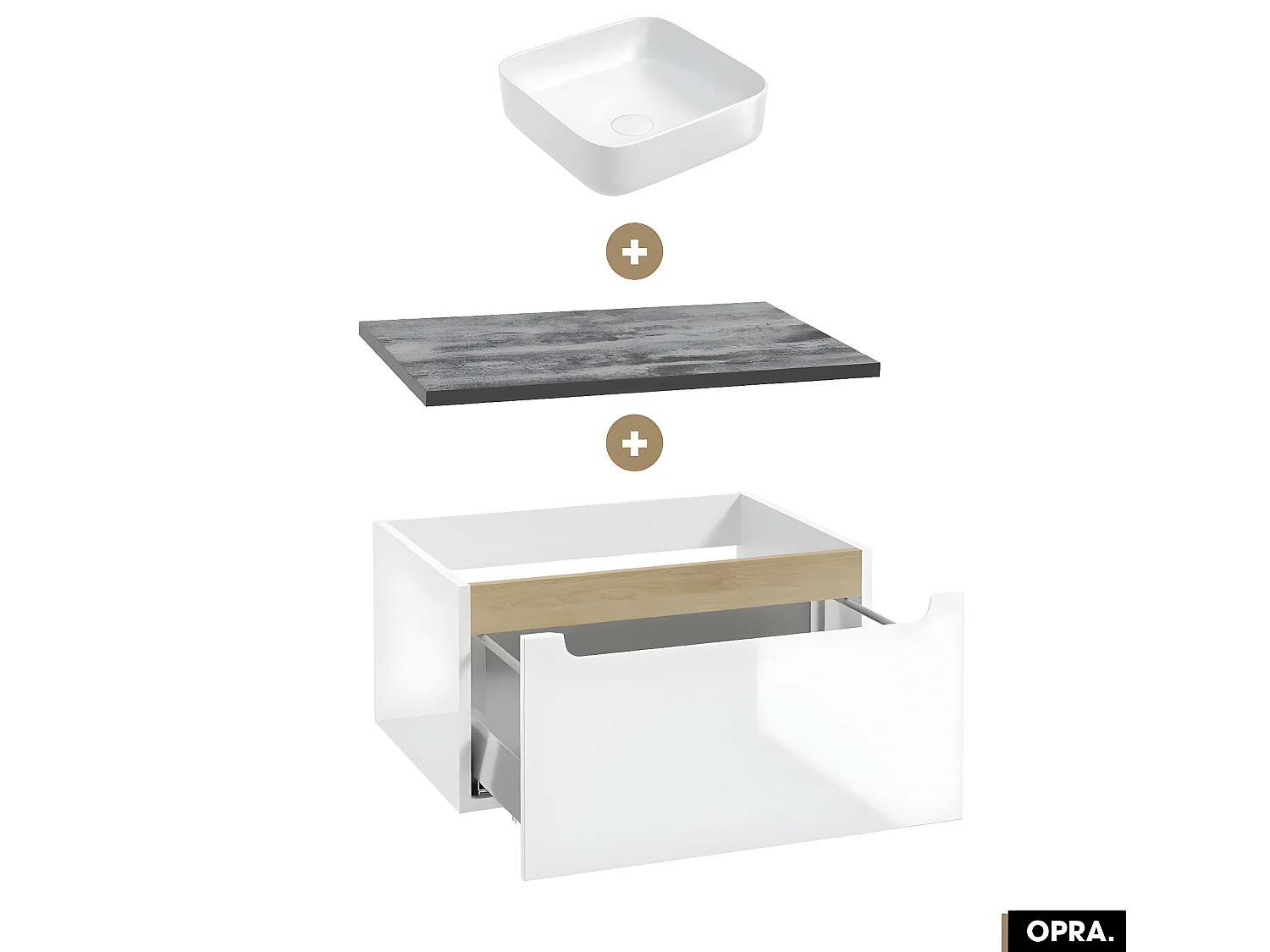 Ensemble meuble sous vasque avec plan et vasque à poser - Siphon OFFERT | OPRA | Blanc-Noir | 60 × 30 × 45 cm