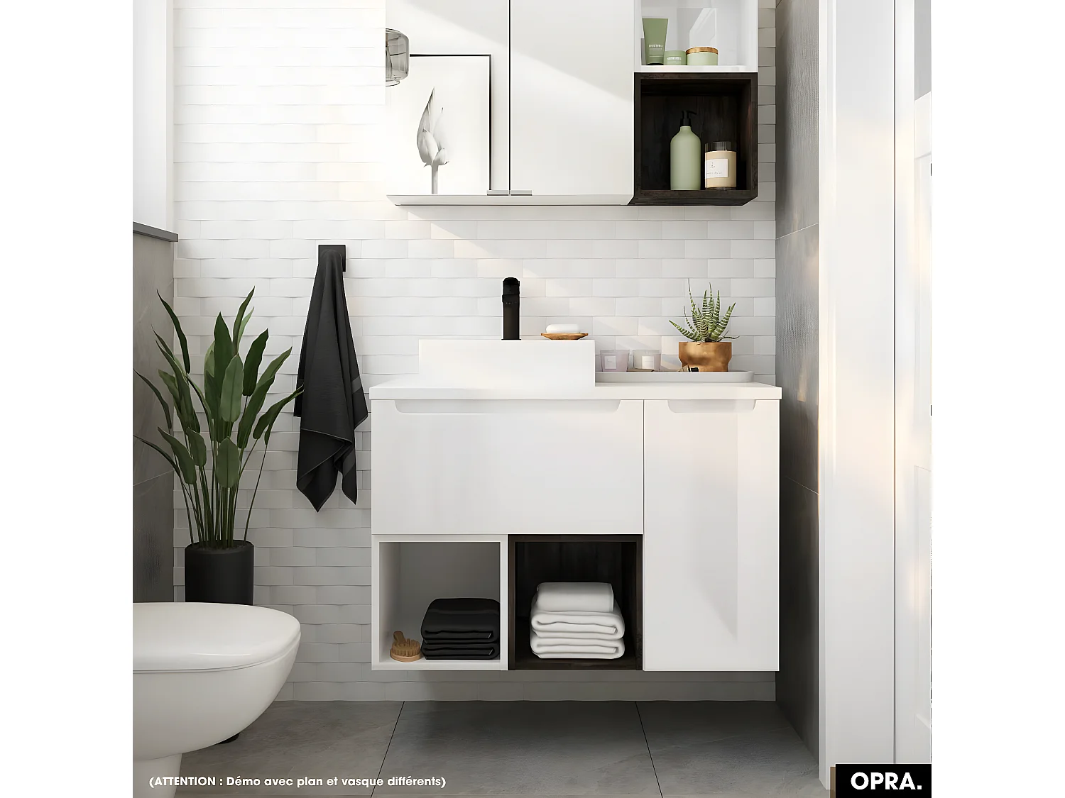 Ensemble meuble sous vasque avec plan et vasque à poser - Siphon OFFERT | OPRA | Blanc-Noir | 60 × 30 × 45 cm