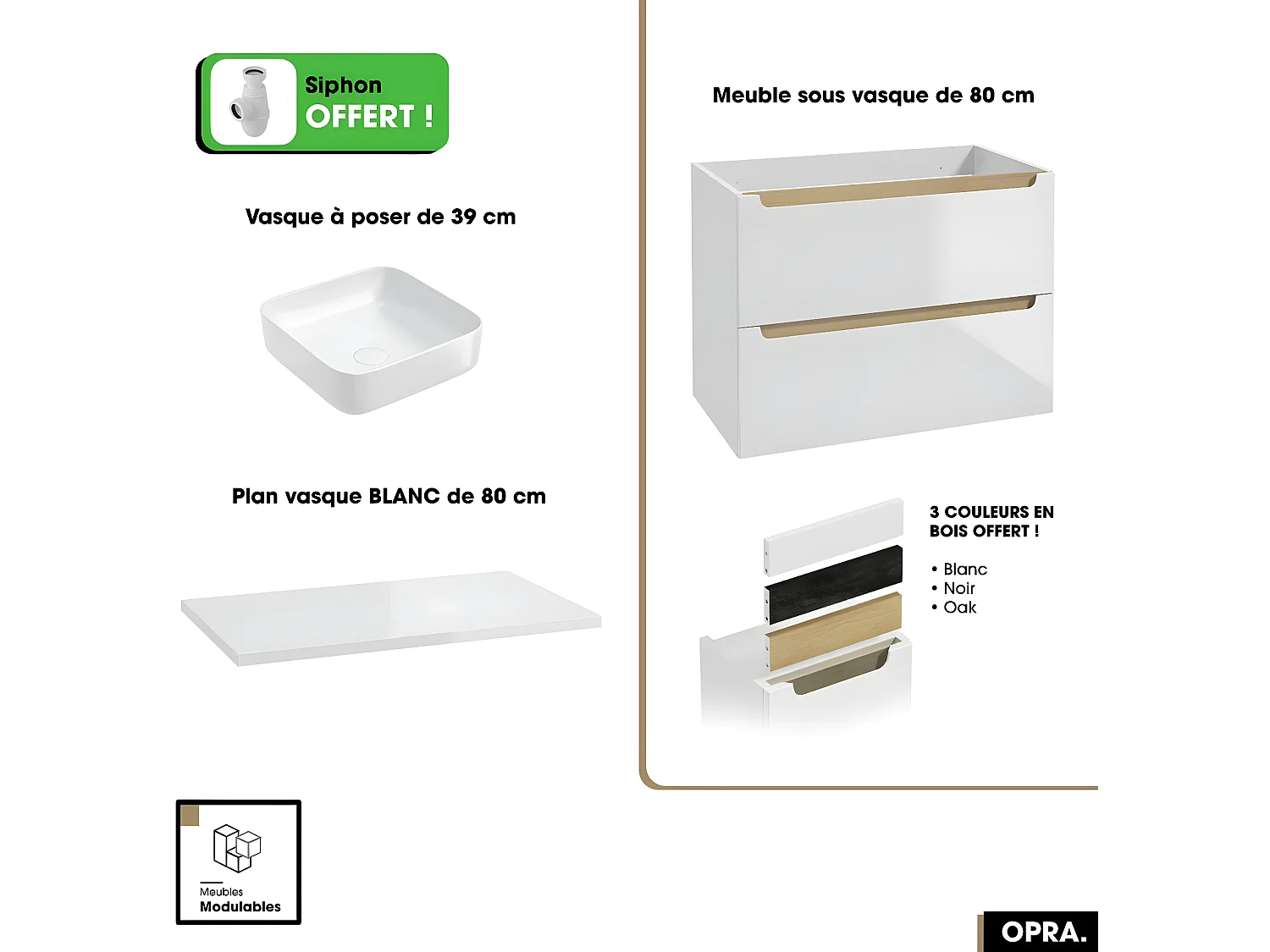 Ensemble meuble sous vasque avec plan et vasque à poser - Siphon OFFERT | OPRA | Blanc | 80 × 60 × 45 cm