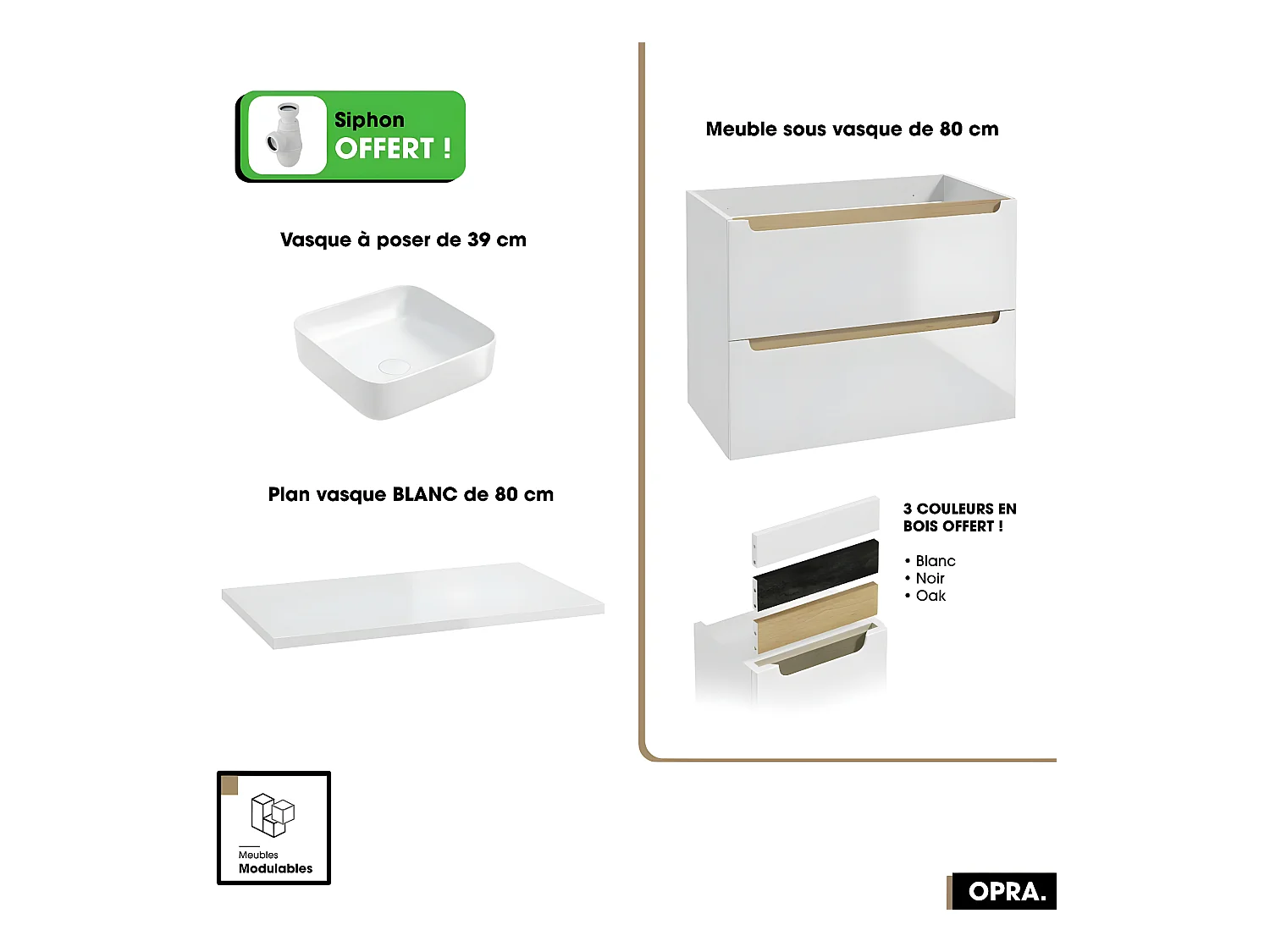 Ensemble meuble sous vasque avec plan et vasque à poser - Siphon OFFERT | OPRA | Blanc | 80 × 60 × 45 cm