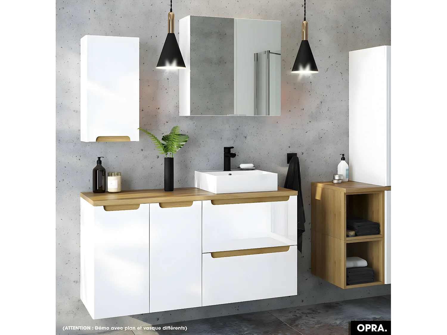 Ensemble meuble sous vasque avec plan et vasque à poser - Siphon OFFERT | OPRA | Blanc-Oak | 60 × 60 × 45 cm