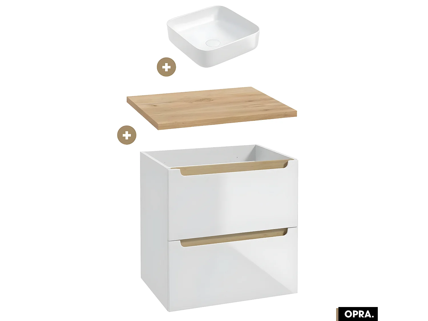 Ensemble meuble sous vasque avec plan et vasque à poser - Siphon OFFERT | OPRA | Blanc-Oak | 60 × 60 × 45 cm