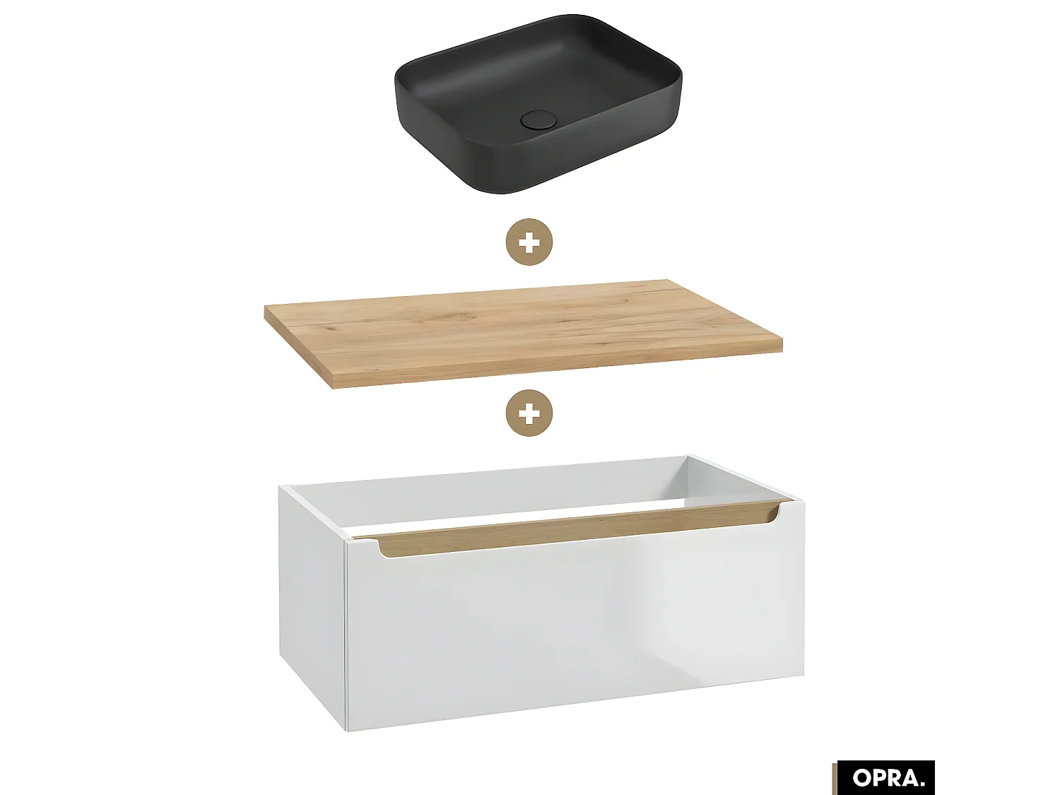 Ensemble meuble sous vasque avec plan et vasque à poser - Siphon OFFERT | OPRA | Blanc-Oak | 80 × 30 × 45 cm