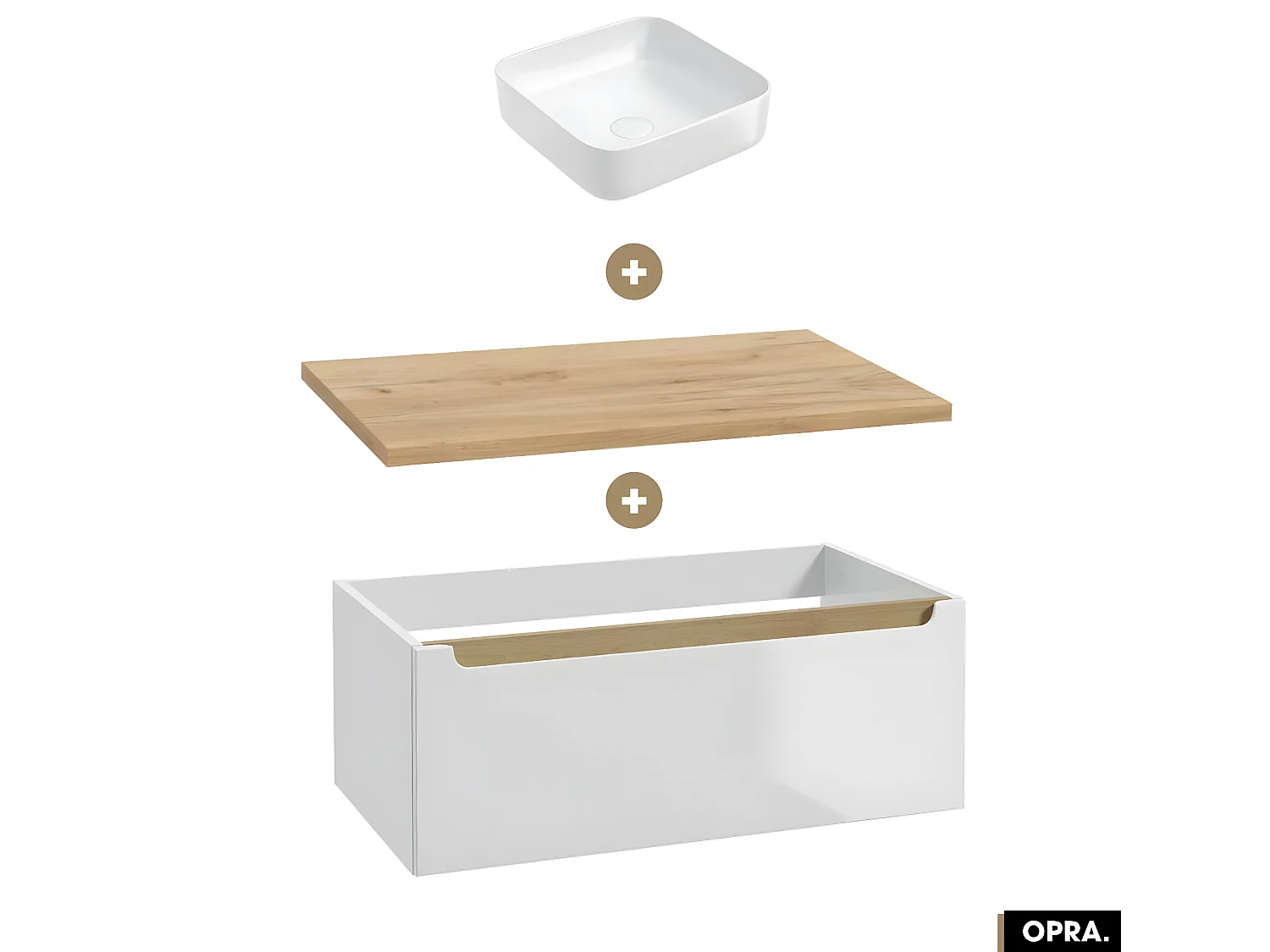 Ensemble meuble sous vasque avec plan et vasque à poser - Siphon OFFERT | OPRA | Blanc-Oak | 80 × 30 × 45 cm