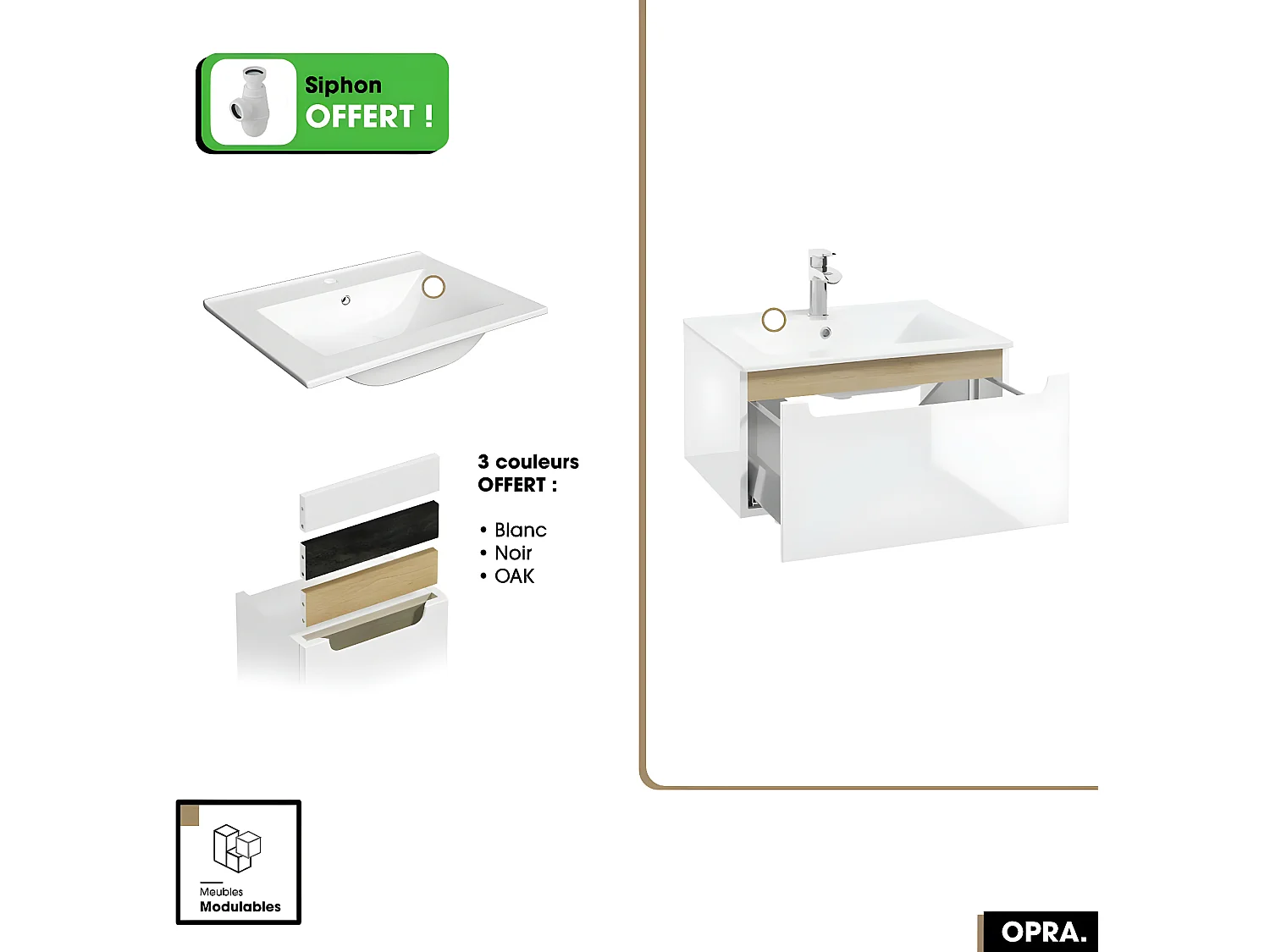 Ensemble meuble sous vasque avec vasque - Siphon OFFERT | PURE | Blanc | 60 x 30 x 45 cm